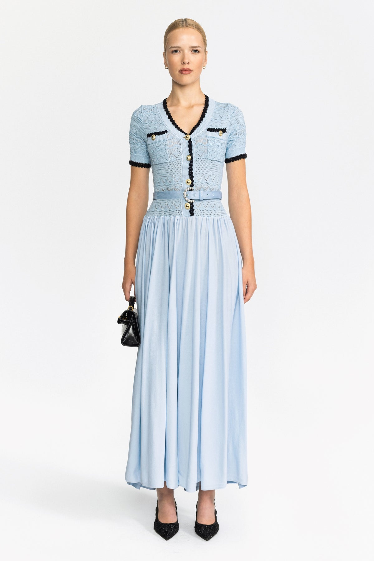 Pointelle Knit Bodice Belted Maxi Dress - Light Blue