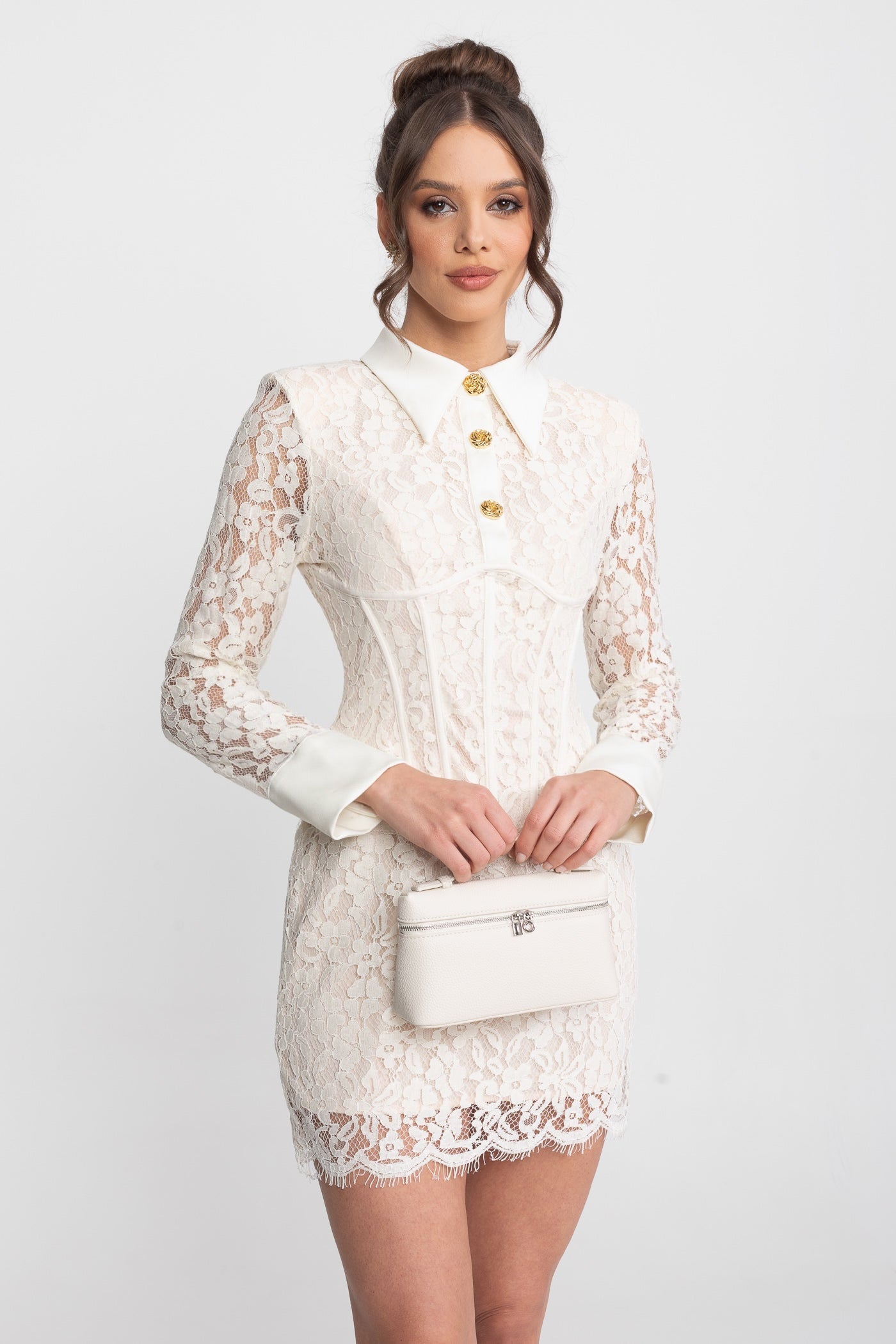 Long Sleeved Lace Mini Dress With Scallop Hem - Ivoire