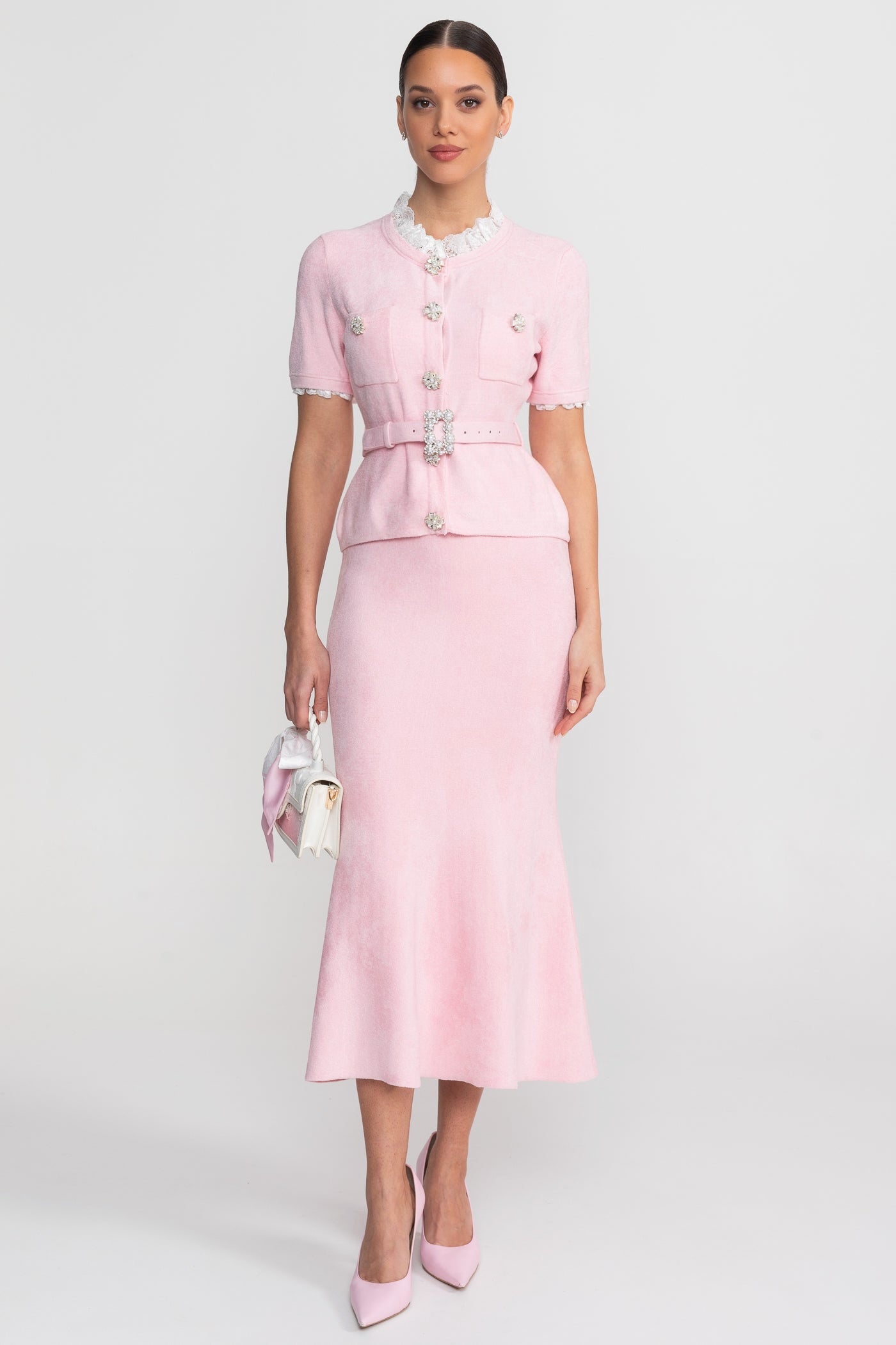 Coordinato a Maniche Corte con Vita a Peplo e Cintura con Bottoni di Cristallo - Blush Pink 