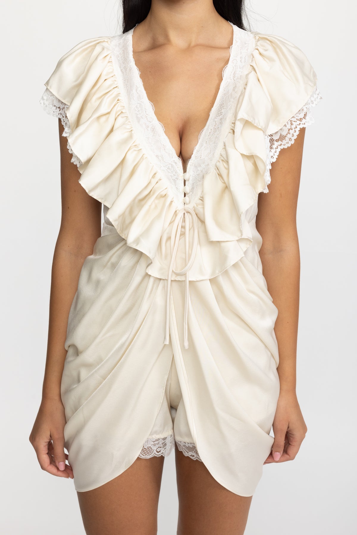 Ruffled Satin Wrap Overlay Playsuit - Ivoire