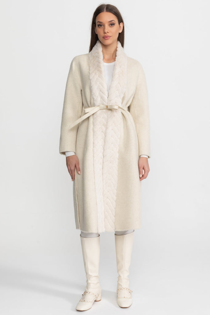 Wool & Alpaca Coat with Textured Mink Fur Collar – Ivoire