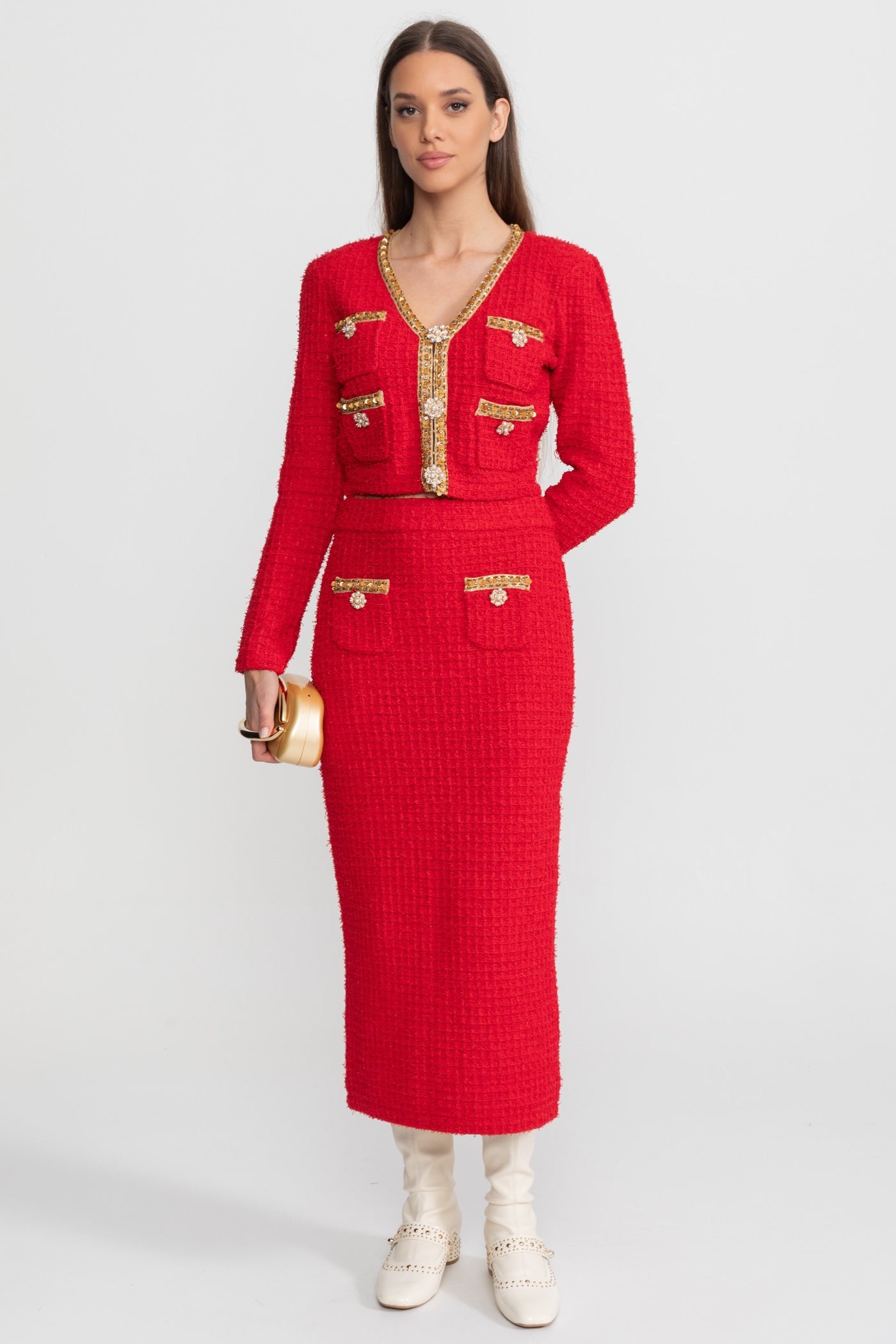 Textured Tweed Co-Ord Set with Gold Trim and Crystal Buttons – Red