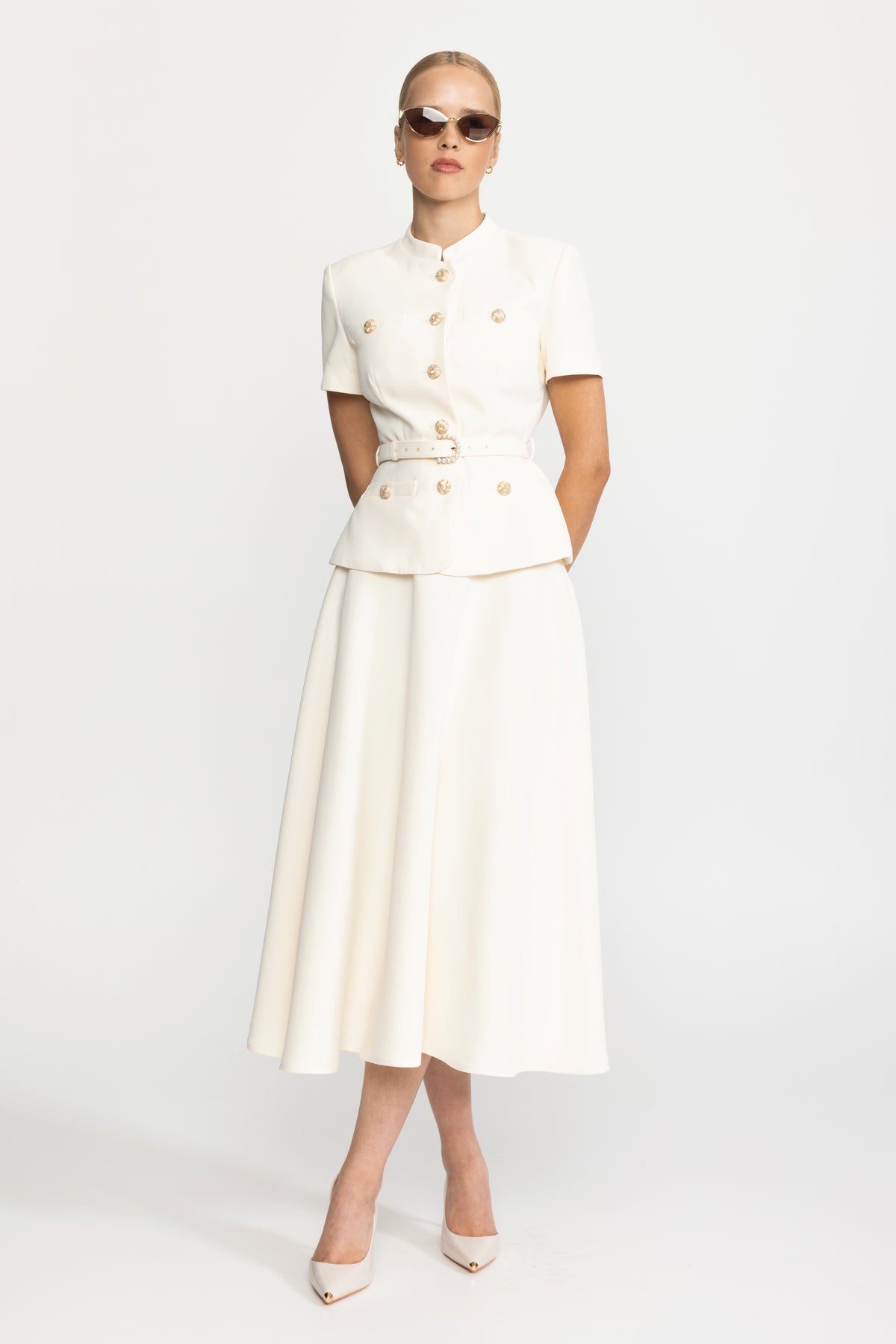 Belted Button Jacket and A-Line Midi Skirt Co-ord Set - Ivoire