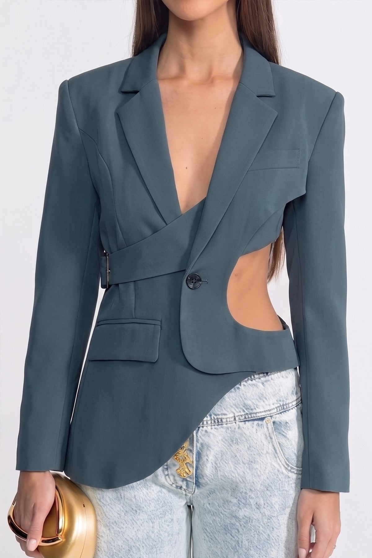 Blazer asimmetrico cut-out con dettaglio cintura - verde petrolio 