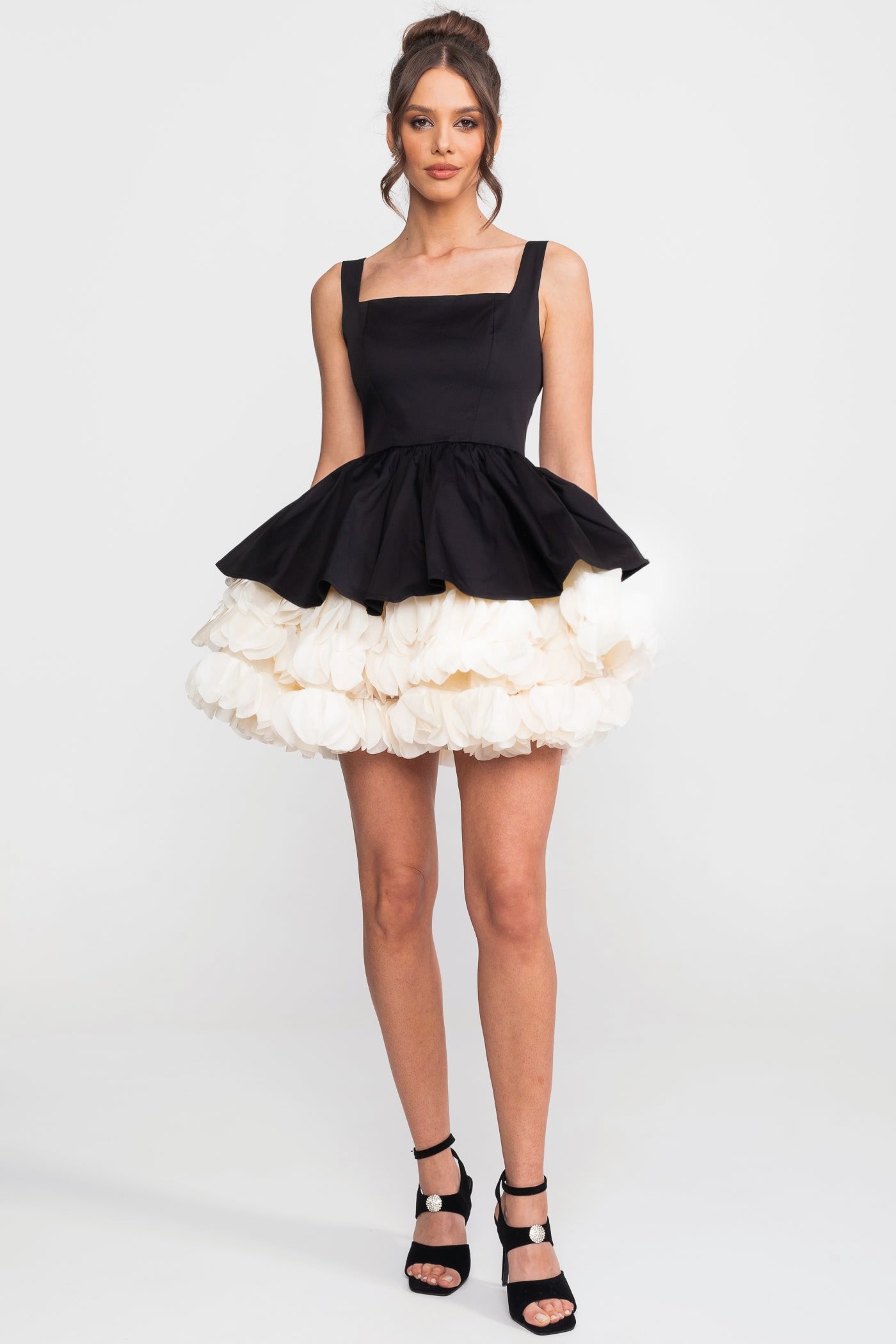Strapless Mini Dress With Square Neckline And Ruffled Skirt Underlay - Black