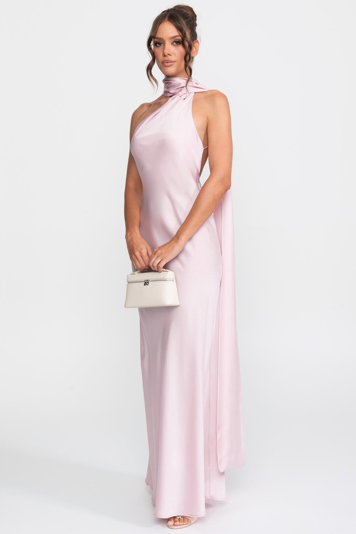 Abito Slip in Satin Twist Halter con Scollo Asimmetrico - Rosa 