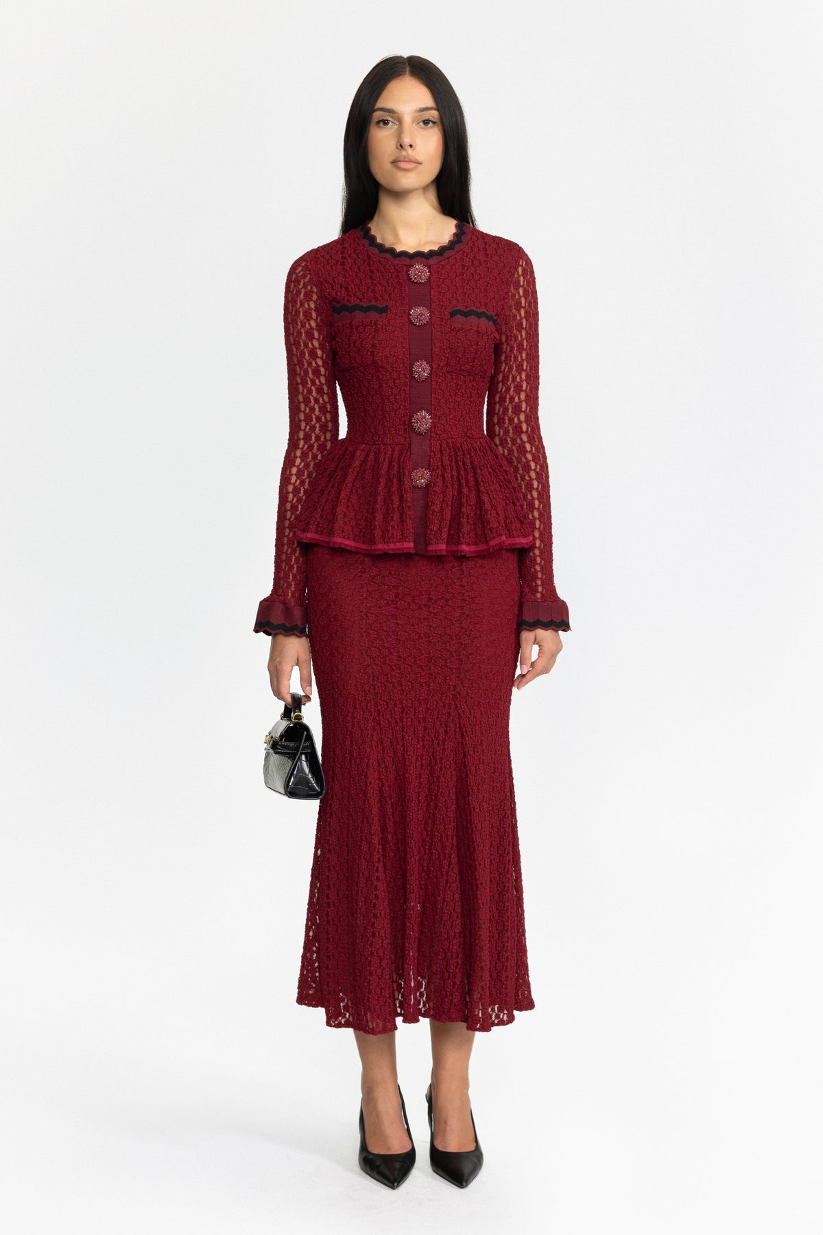 Abito midi in maglia crochet con peplo e finiture ric-rac - Wine 