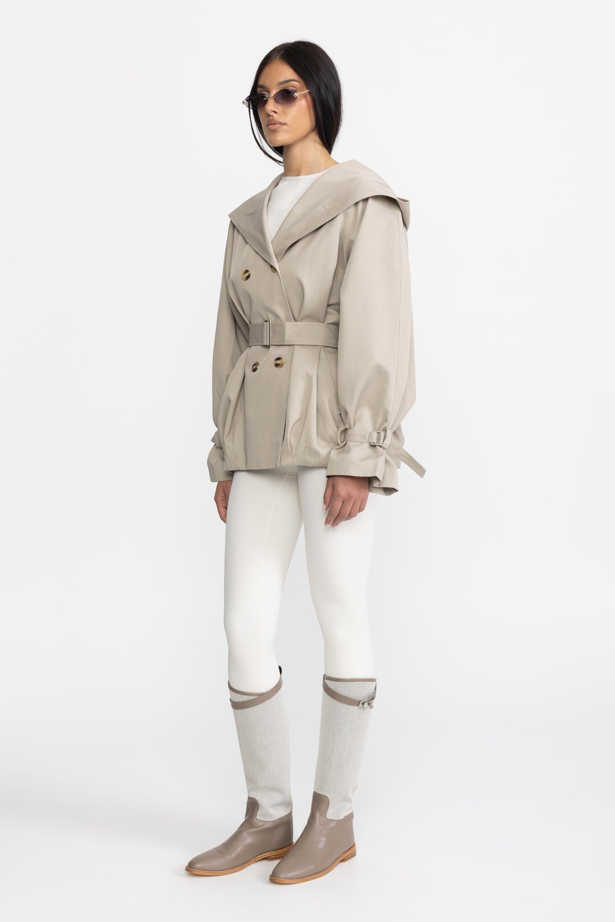 Trench jacket doppiopetto con cappuccio e cintura - Stone 
