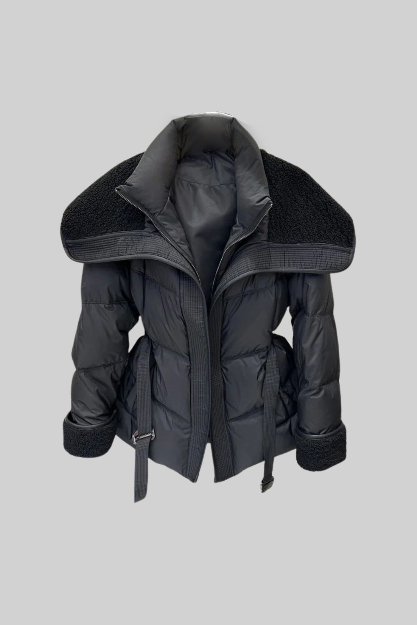 Puffer Jacket with Oversized Shearling Collar And Cuffs - Black