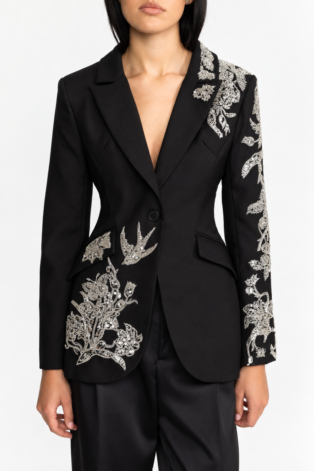 Sequin Bird Embroidered Tailored Blazer - Black