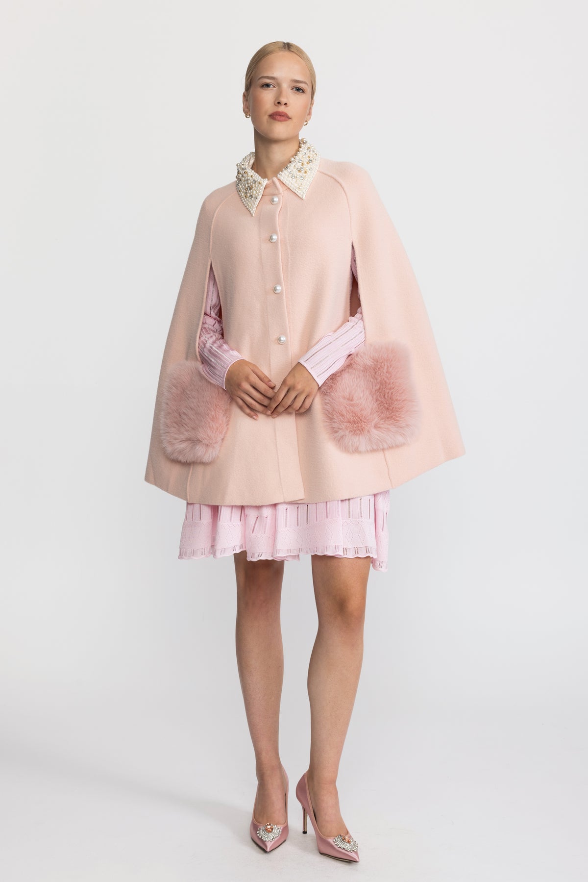 Pearl Embellished Collar Cape with Faux Fur Pockets - Pink