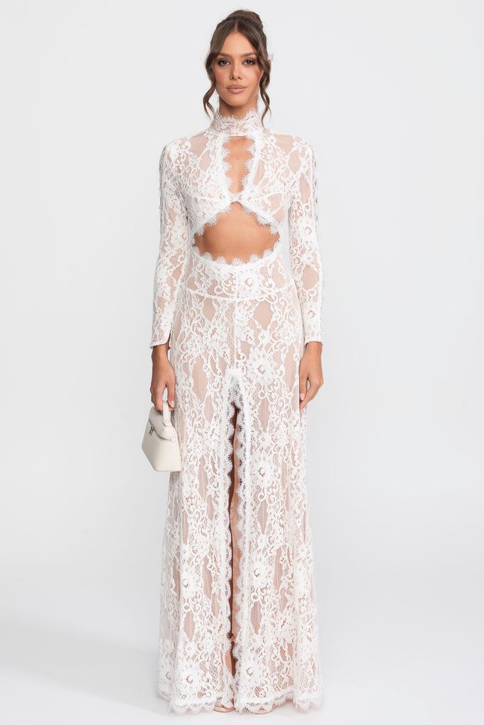 Elegant Lace Gown With High Neck, Front Cutout And Slit - White