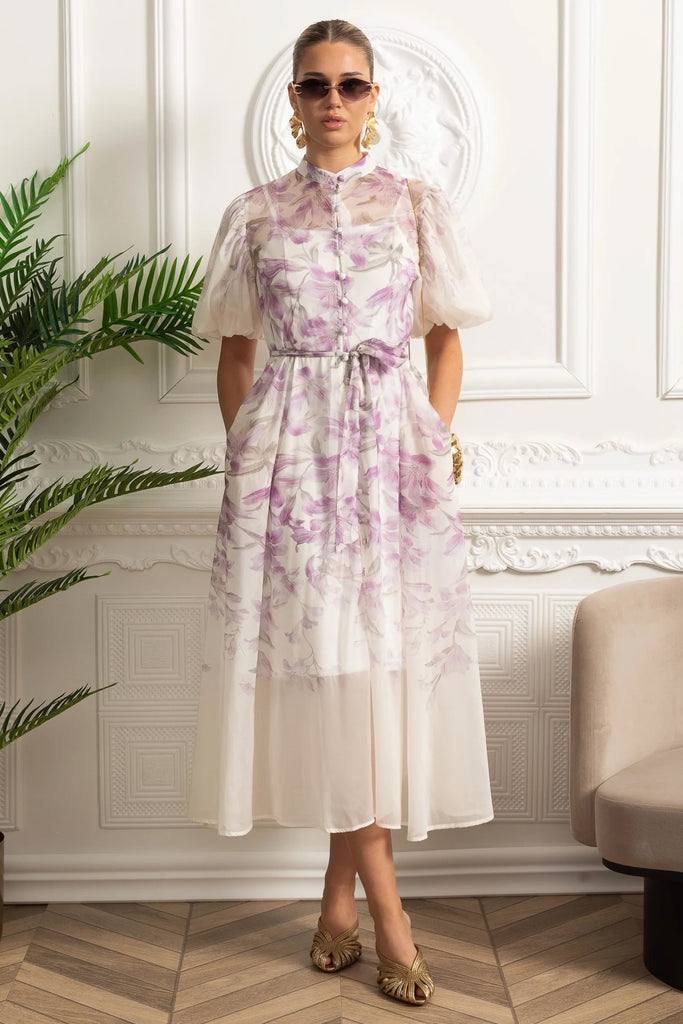 Abito Camicia Midi in Seta Trasparente con Motivo Botanico e Cintura a Fiocco - Bianco/Viola 