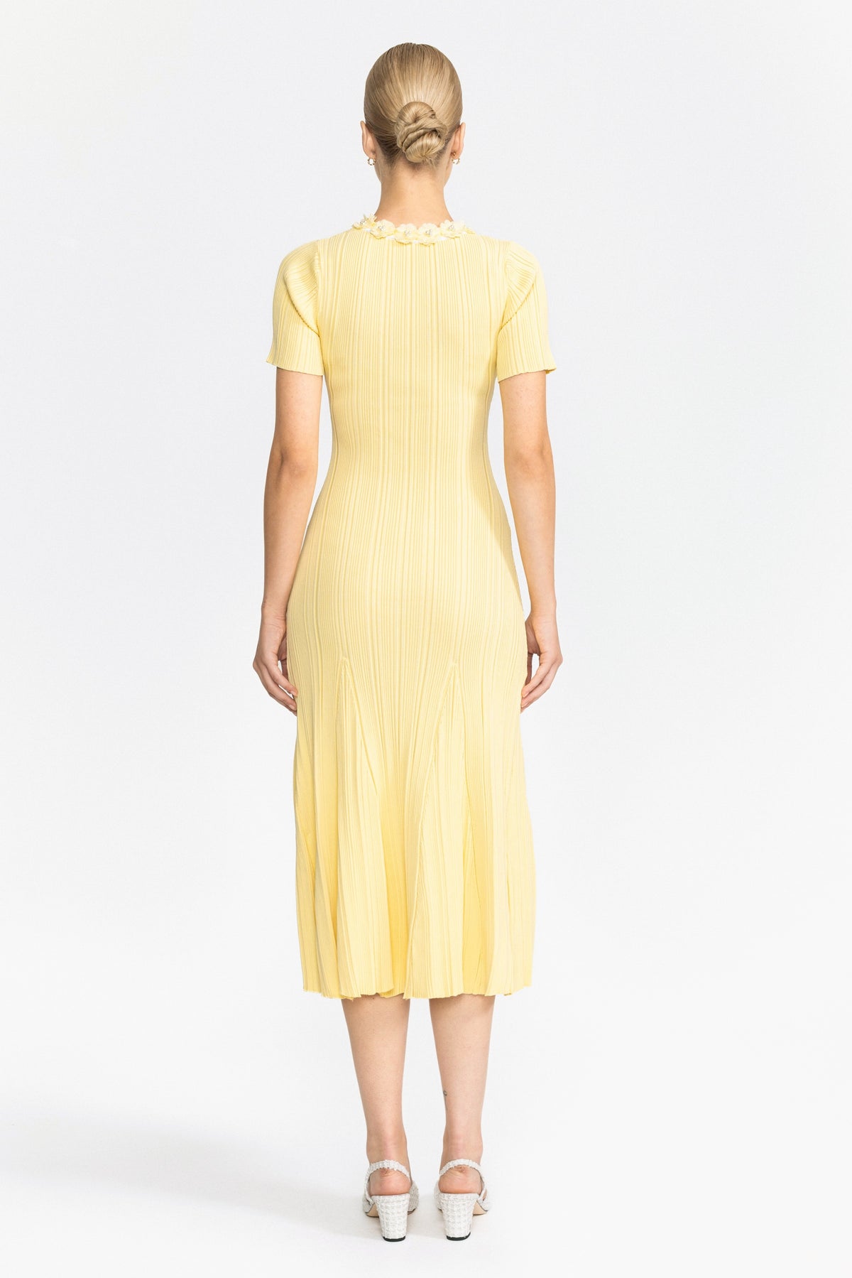 Cable Knit Jewel-Button Midi Dress - Yellow