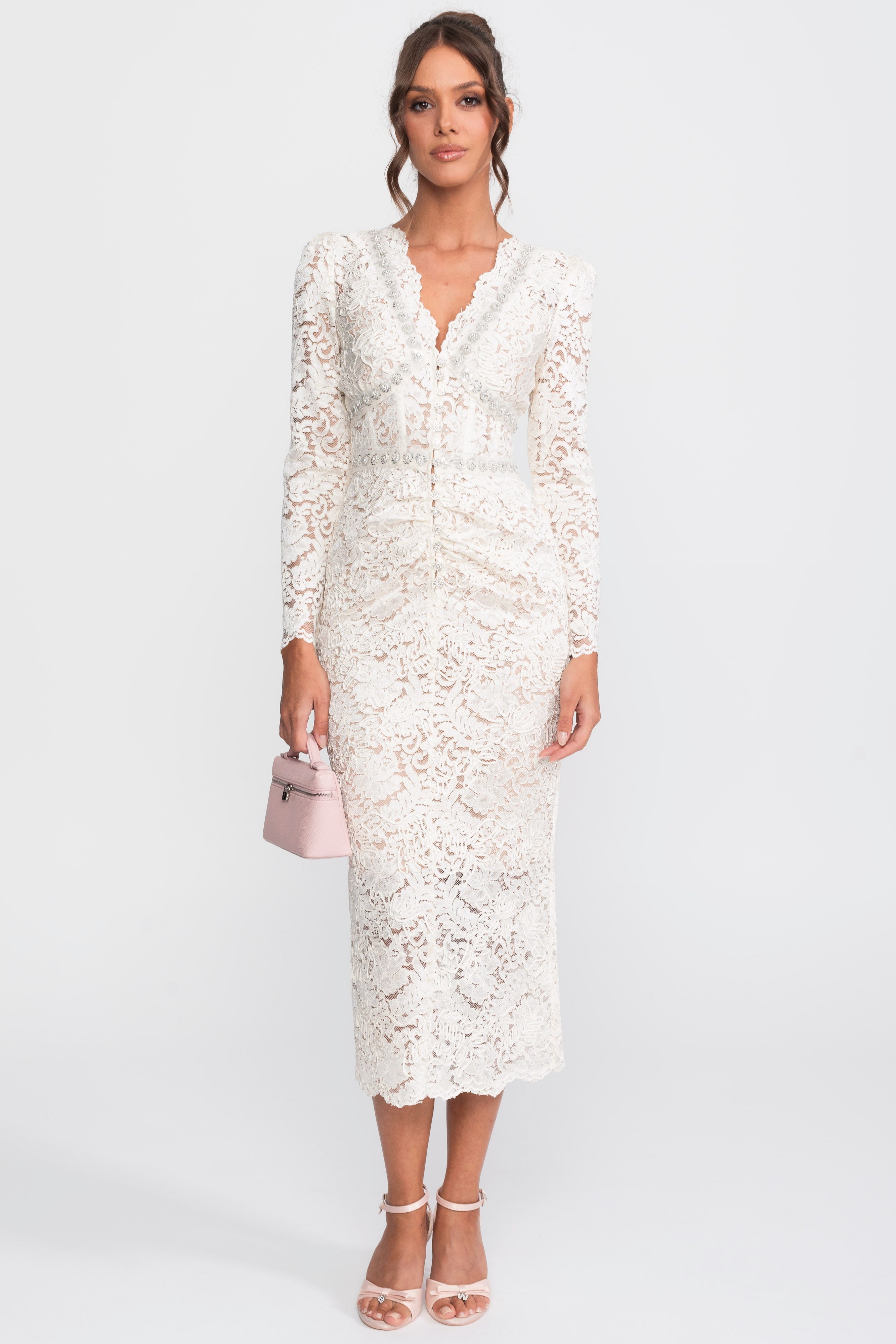 Abito midi in pizzo con scollo a V impreziosito da cristalli e dettaglio frontrale drappeggiato - Bianco 