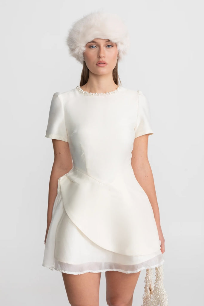 Pearl-Trim Satin Mini Dress - Ivoire