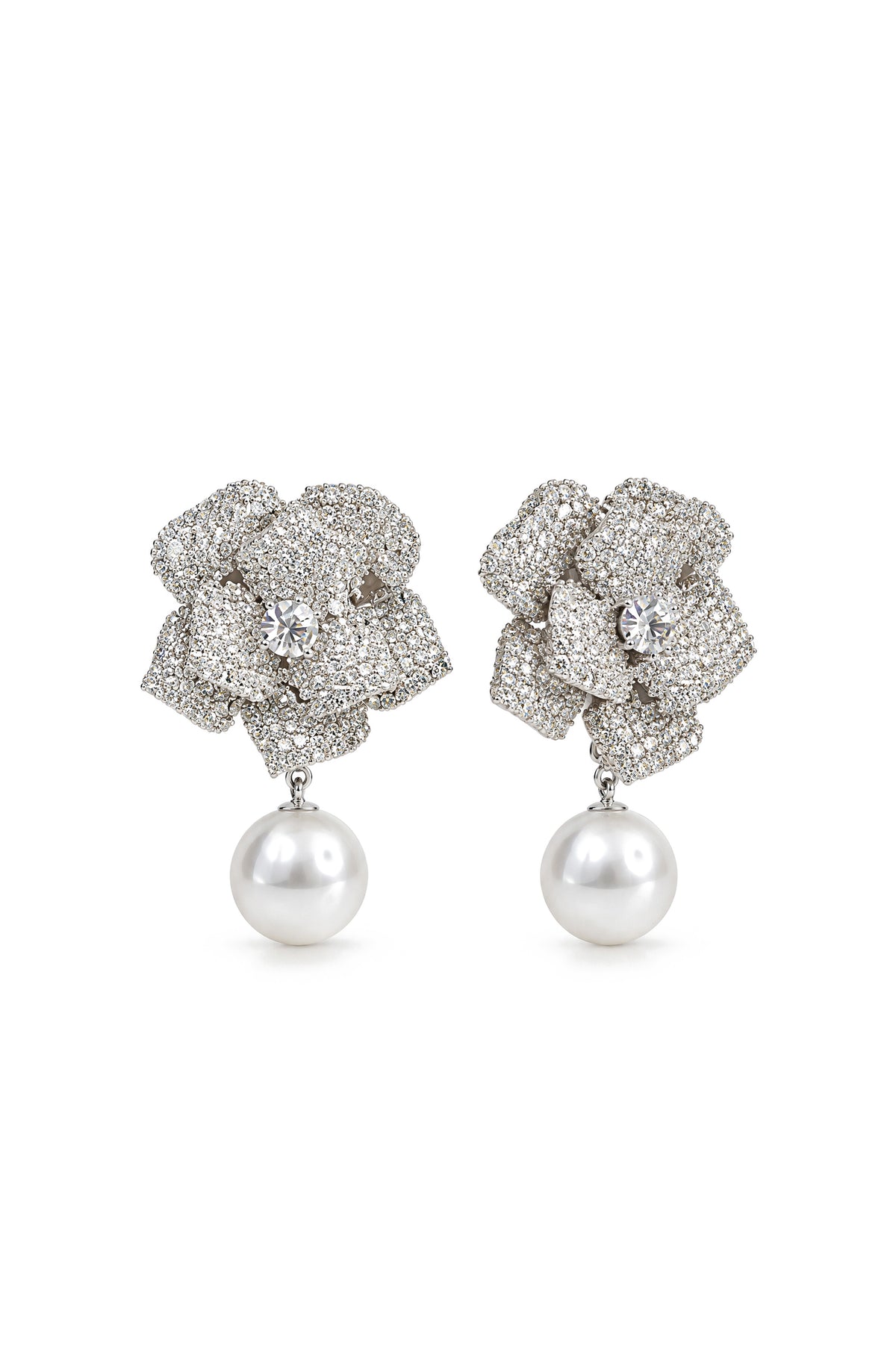 Crystal Camellia Pearl Drop Earrings - Silver
