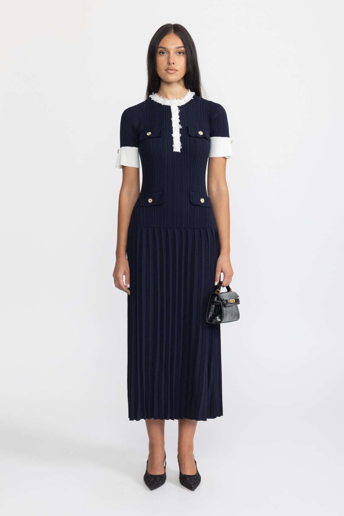Abito midi in maglia plissettata con finitura a volant - blu navy 