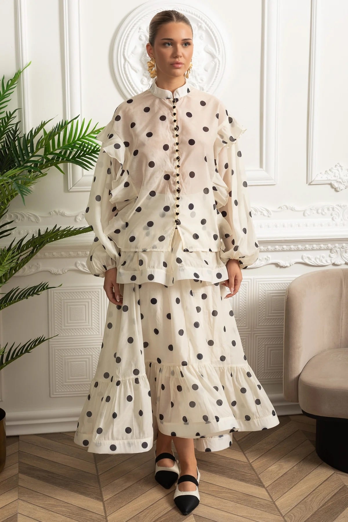 Polka Dot Co-Ord with Voluminous Sleeves and Statement Waist Bow - Ivoire