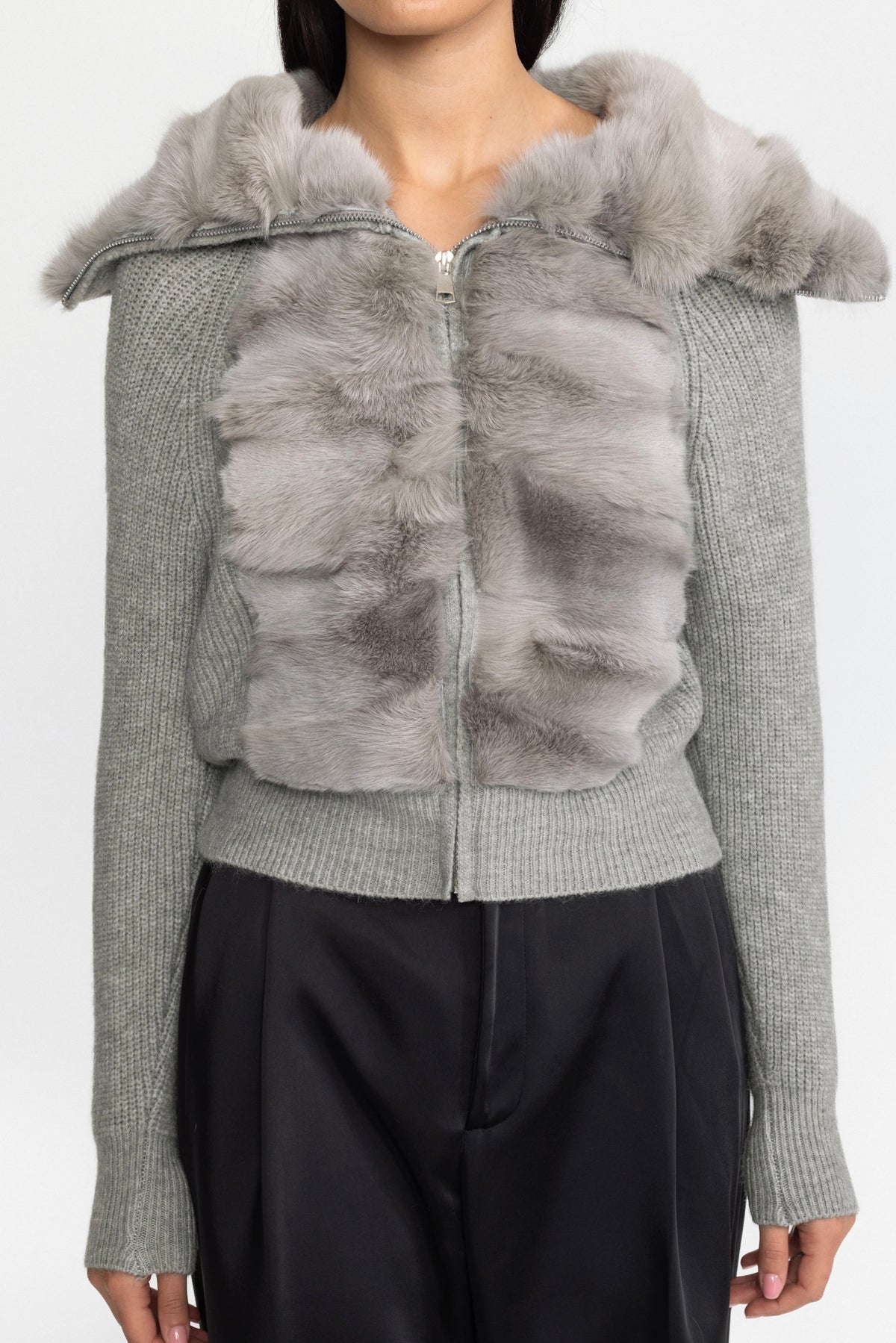 Cardigan in maglia con pannello in pelliccia di coniglio e zip - Grigio 