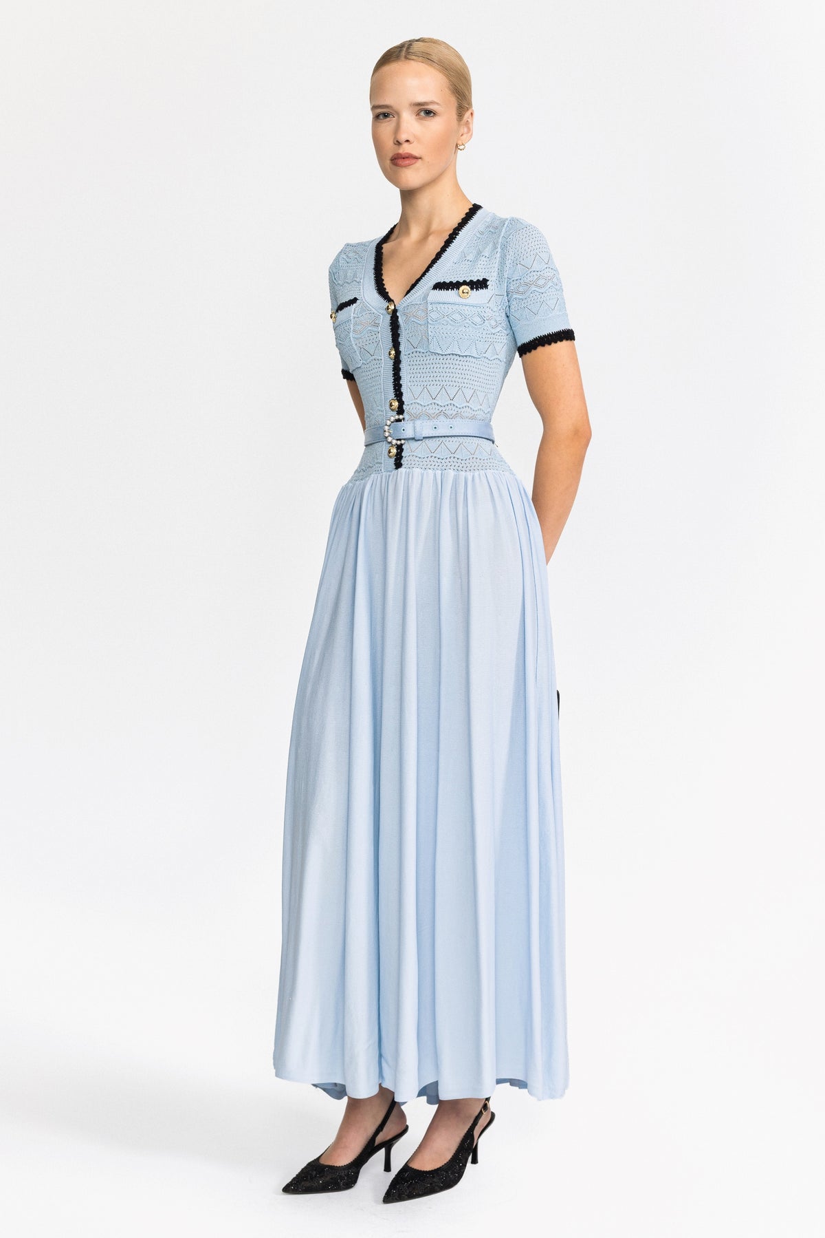 Pointelle Knit Bodice Belted Maxi Dress - Light Blue