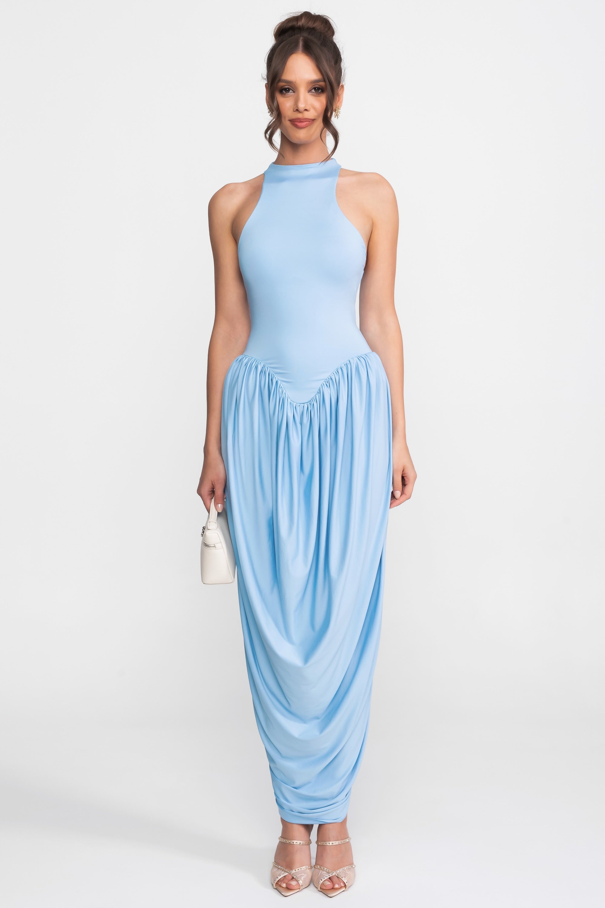 Abito Maxi con Collo All'Americana e Gonna a Palloncino Arricciata - Light Blue 