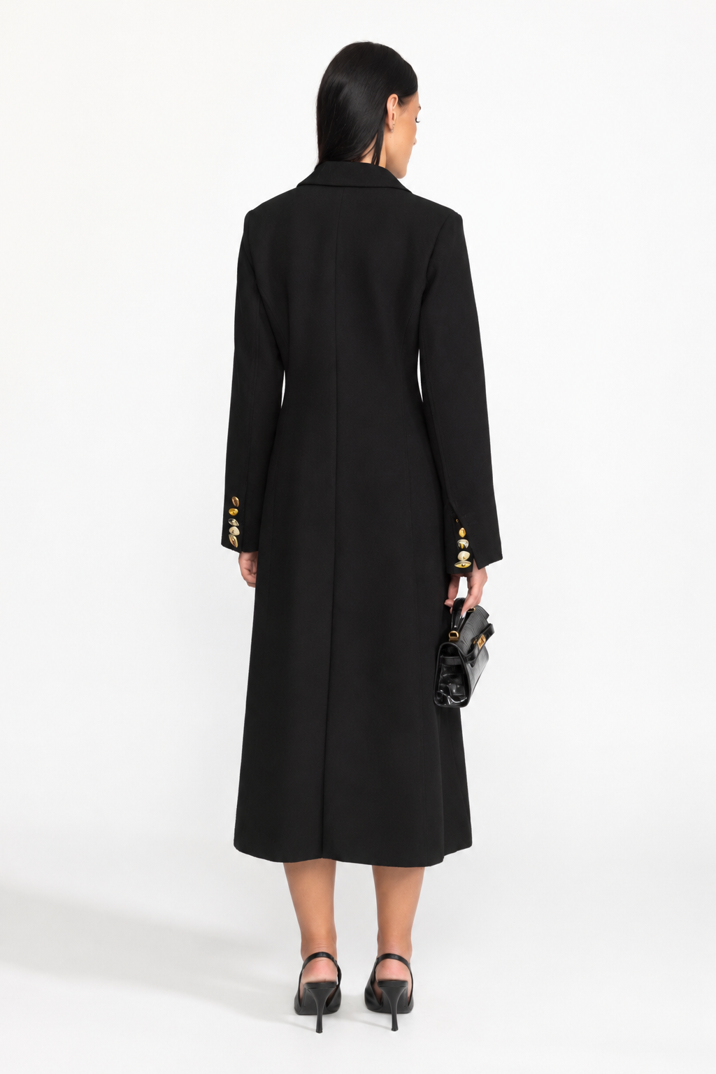 Cappotto lungo doppiopetto con rever decorato - Nero 