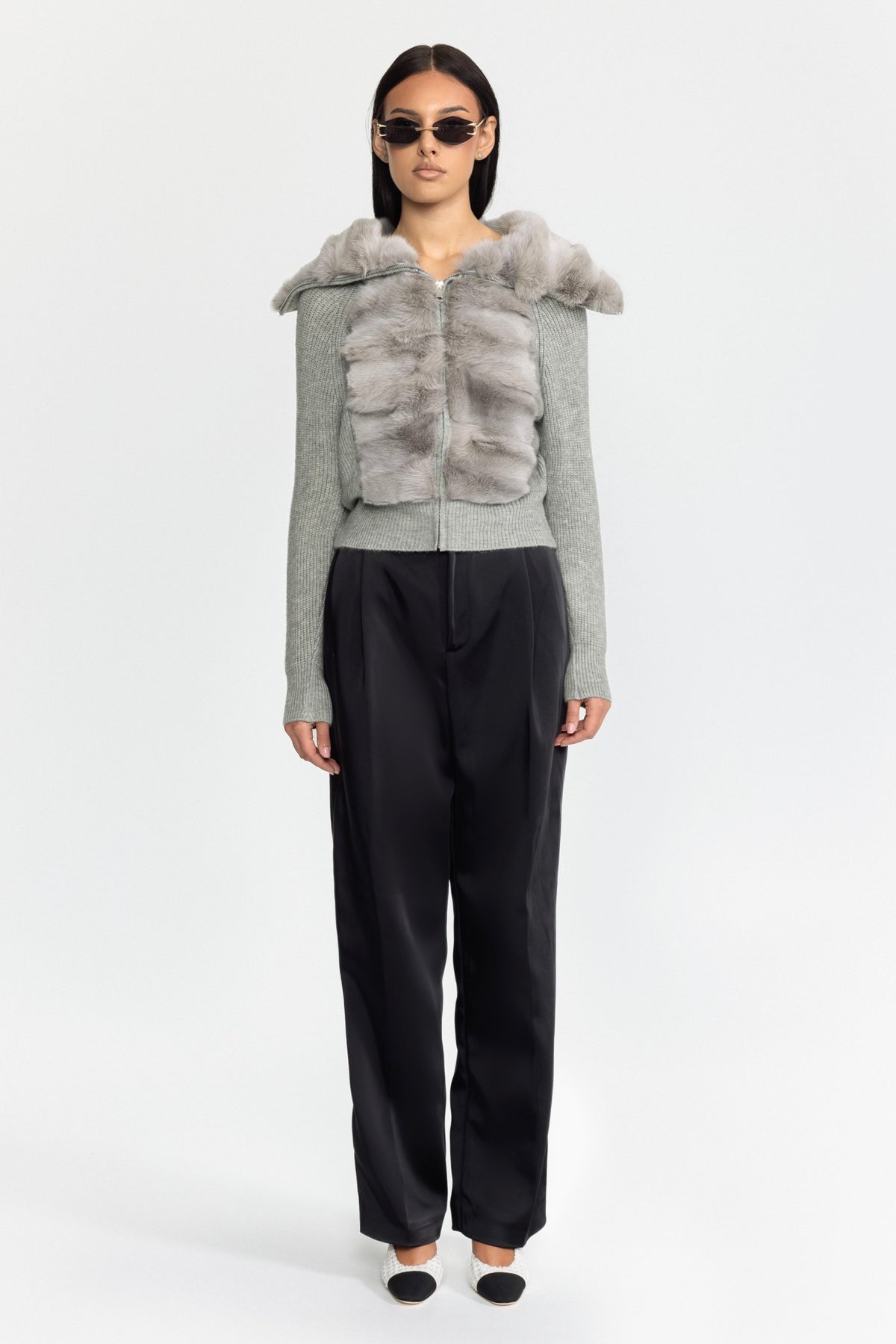 Cardigan in maglia con pannello in pelliccia di coniglio e zip - Grigio 