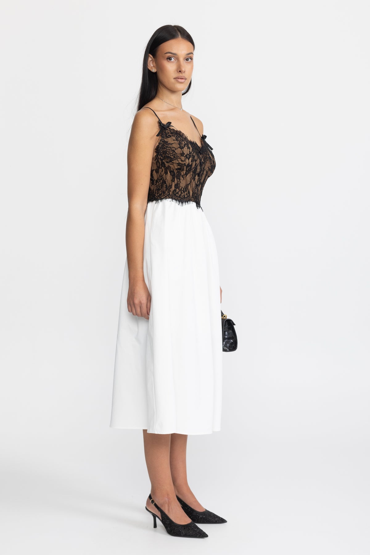 Abito midi in popeline con bustier in pizzo - nero e bianco 