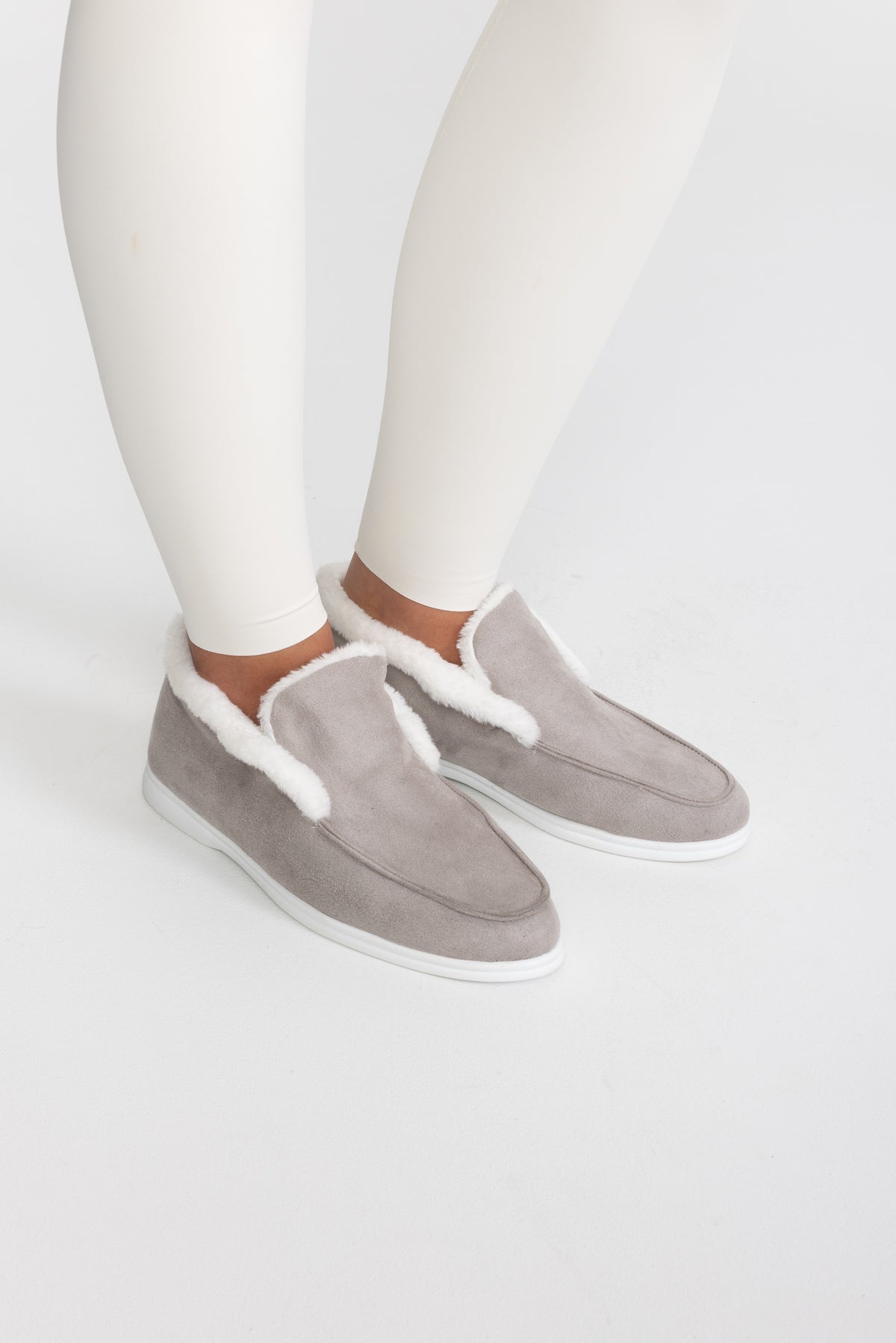 Plush Lined Suede-Effect Loafers - Light Grey