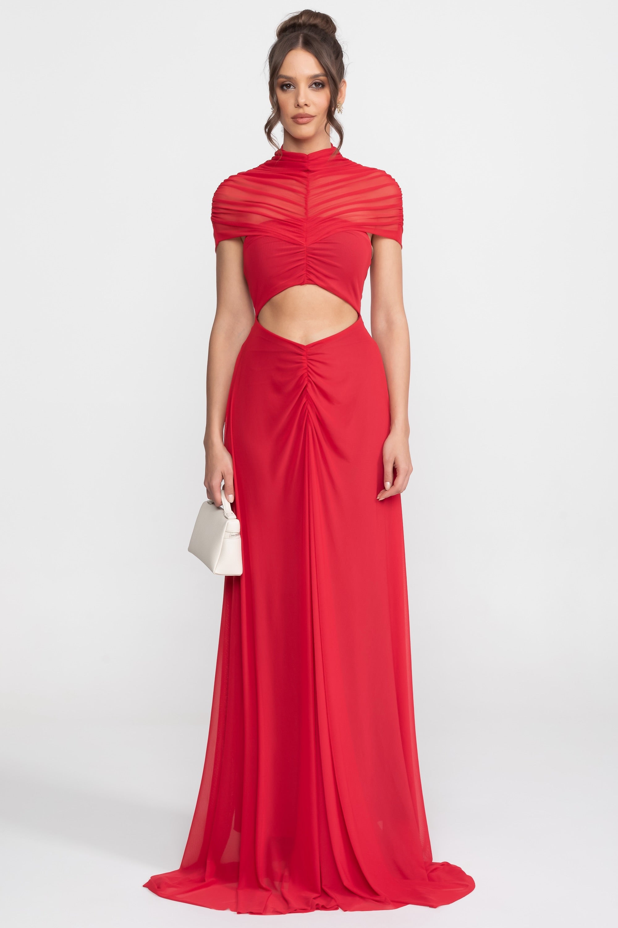 Abito lungo drappeggiato con spalle scoperte e vita cut-out - Crimson 