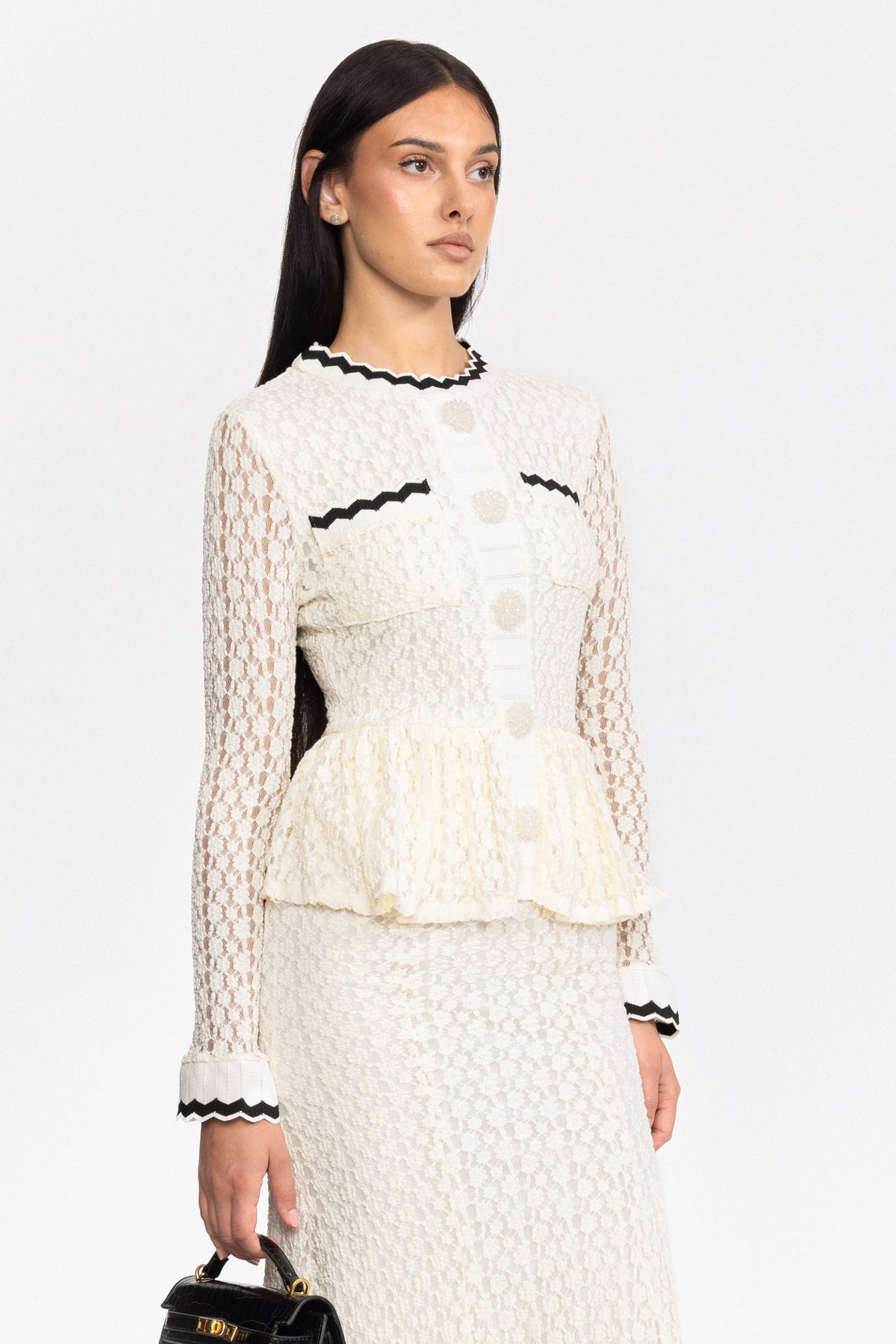 Crochet Knit Peplum Midi Dress with Ric-Rac Trim - Off-White