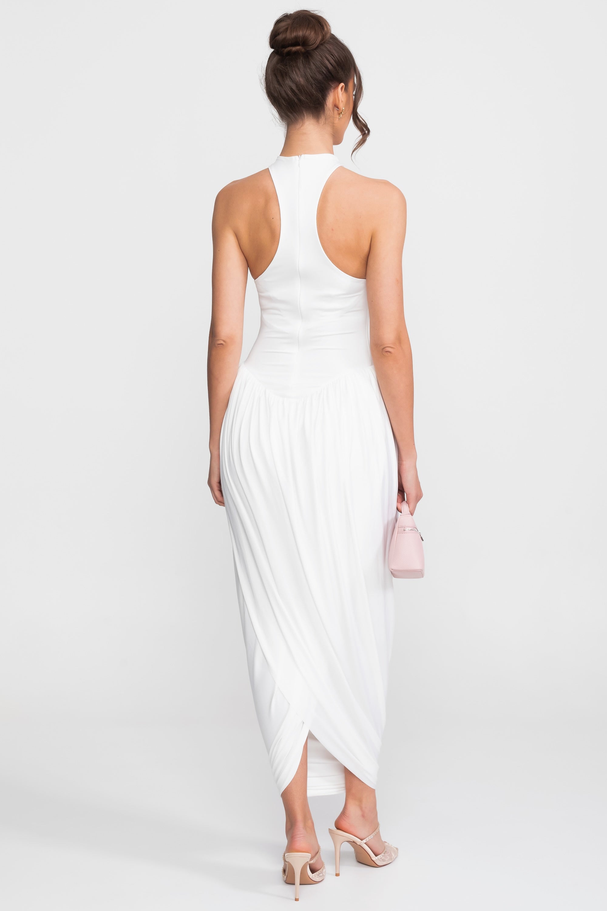 Abito Maxi con Halter-Neck e Gonna a Palloncino Drappeggiata - Bianco 
