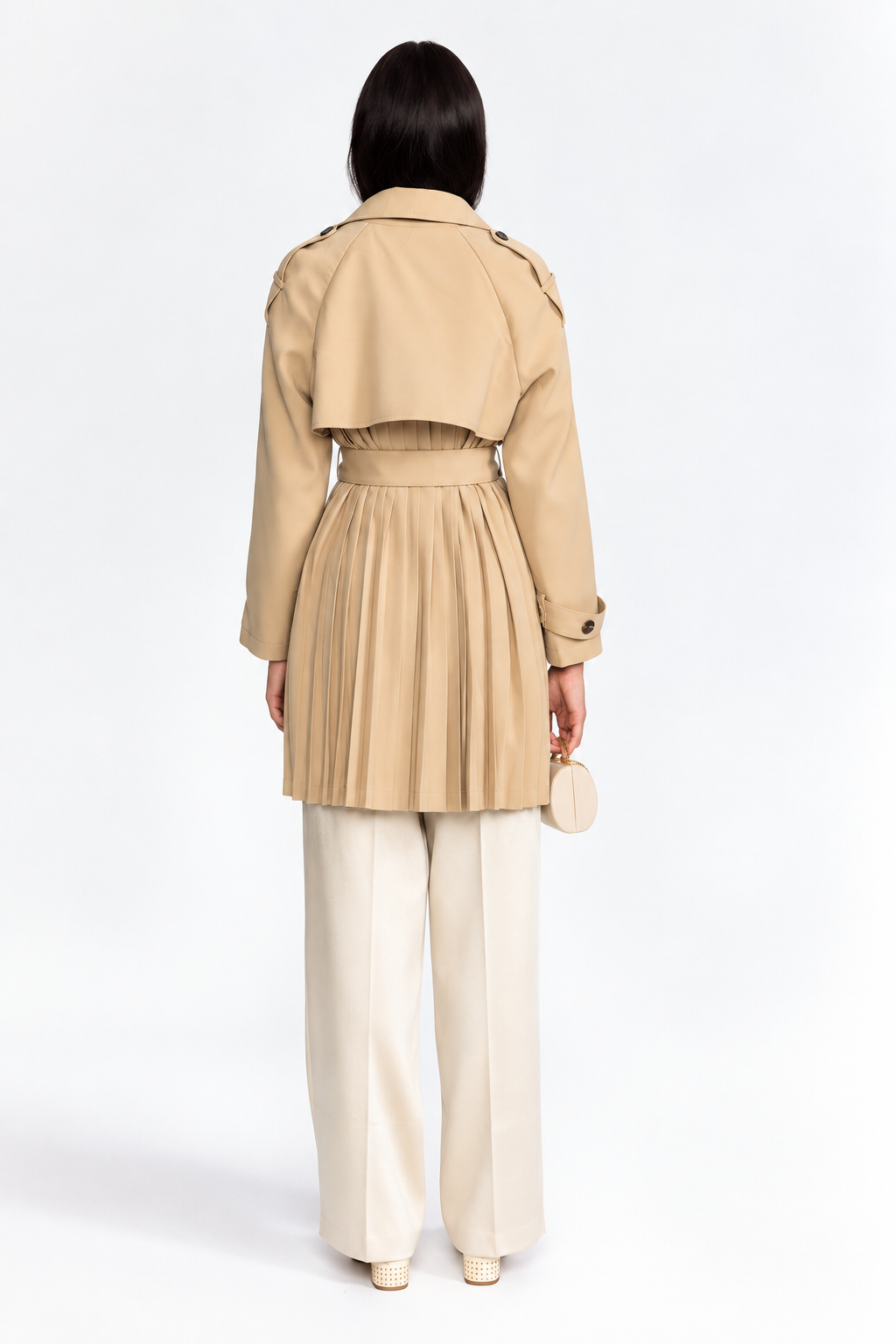 Trench coat con cintura e retro plissettato - Khaki 