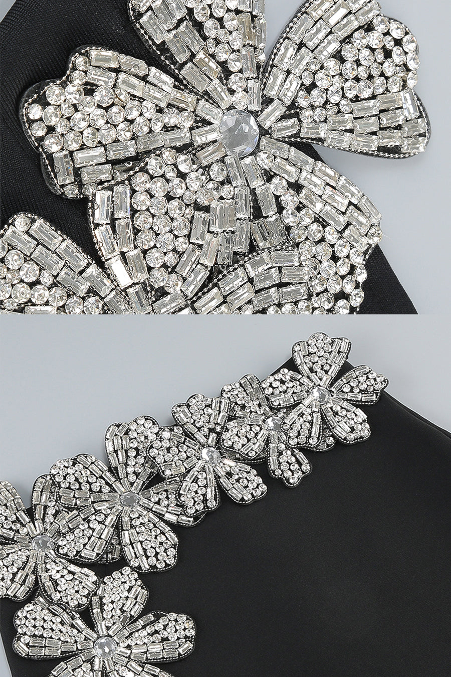 Set a 2 pezzi con decorazione a fiore di diamante, top a maniche lunghe e minigonna - Nero 