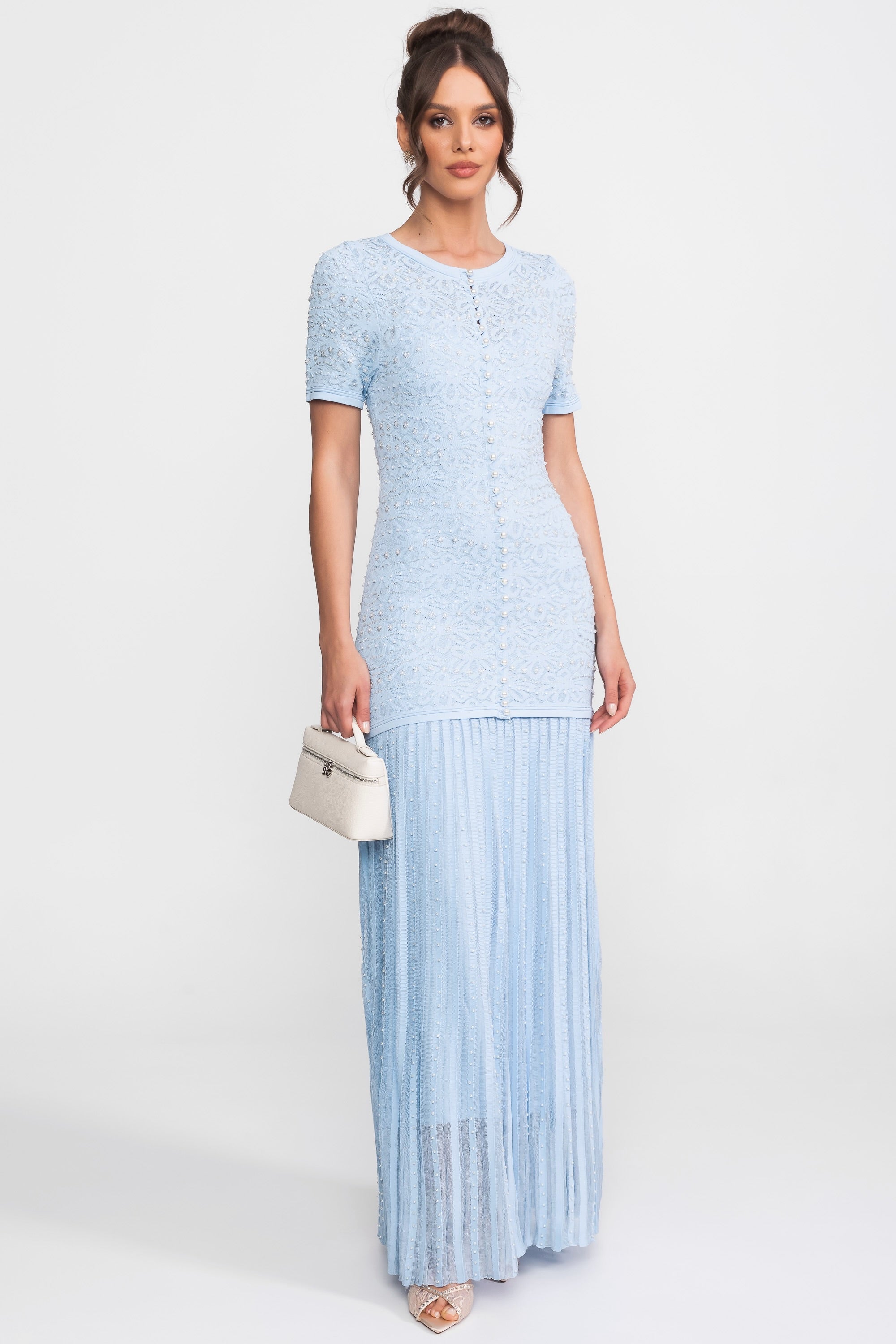 Abito Midi a Maniche Corte con Decorazioni in Perle - Powder Blue 