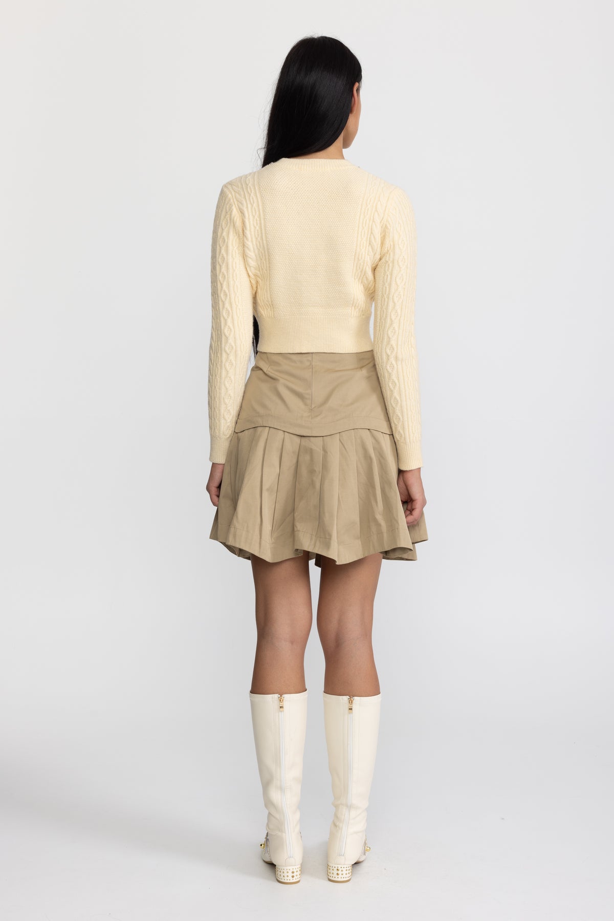 Minigonna plissé con carré smerlato - Khaki 
