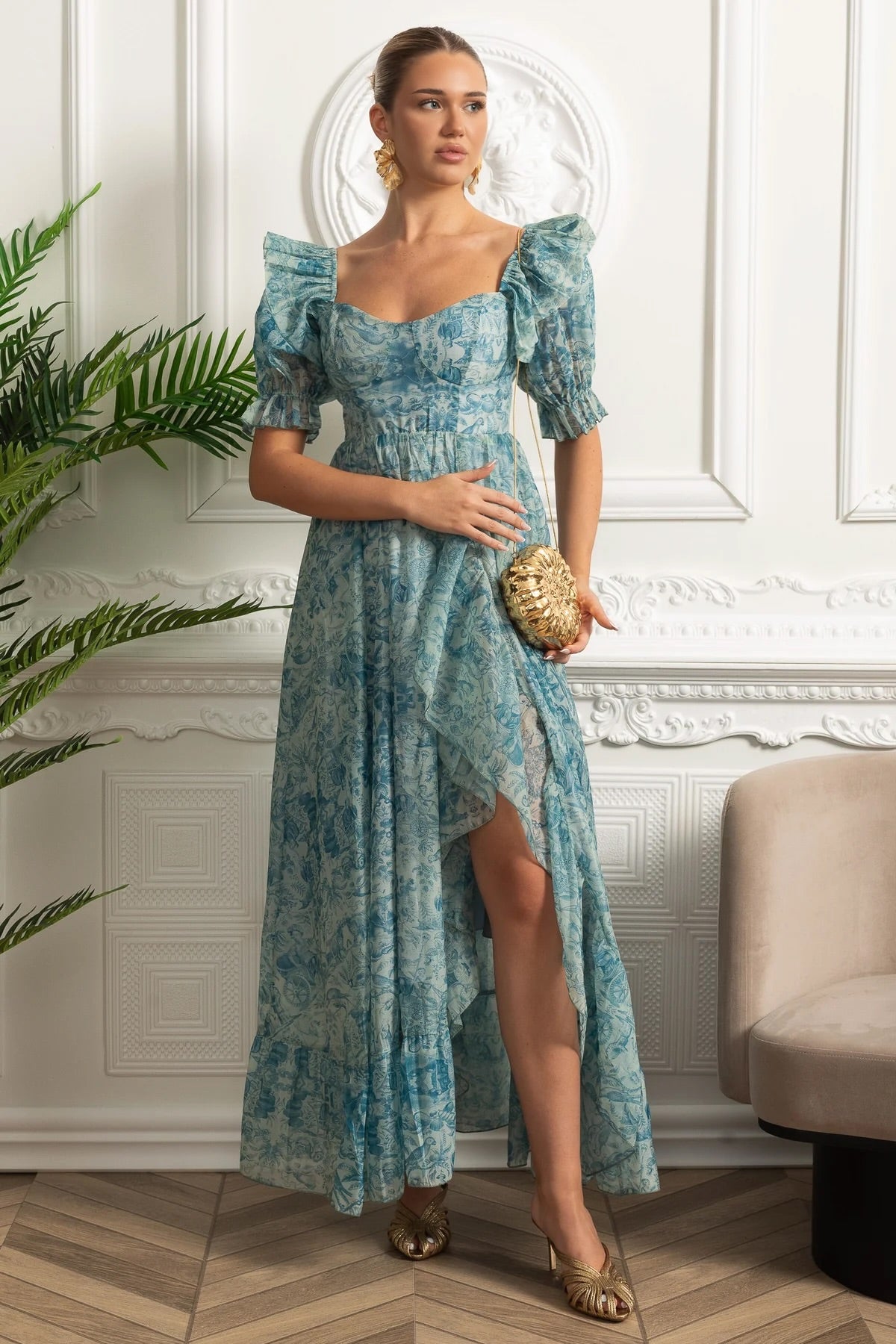 Printed Maxi Dress With Puff Sleeves And Front Slit - Blue