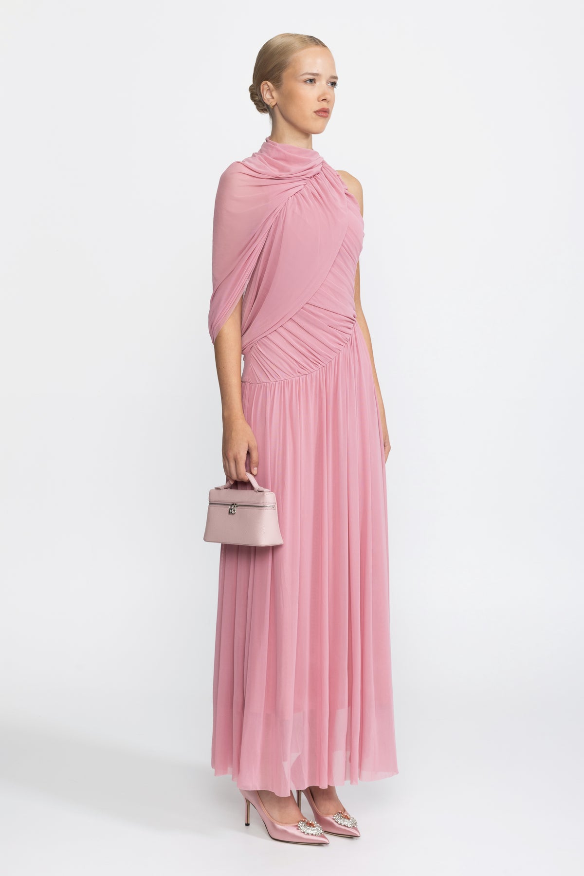 Abito lungo in mesh con scollo drappeggiato a sciarpa - Rosa 