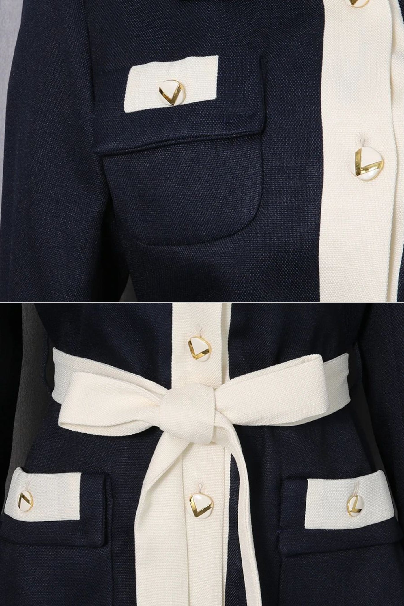 Two-Tone Tweed Jacket With Contrast Trim and Waist Belt – Navy