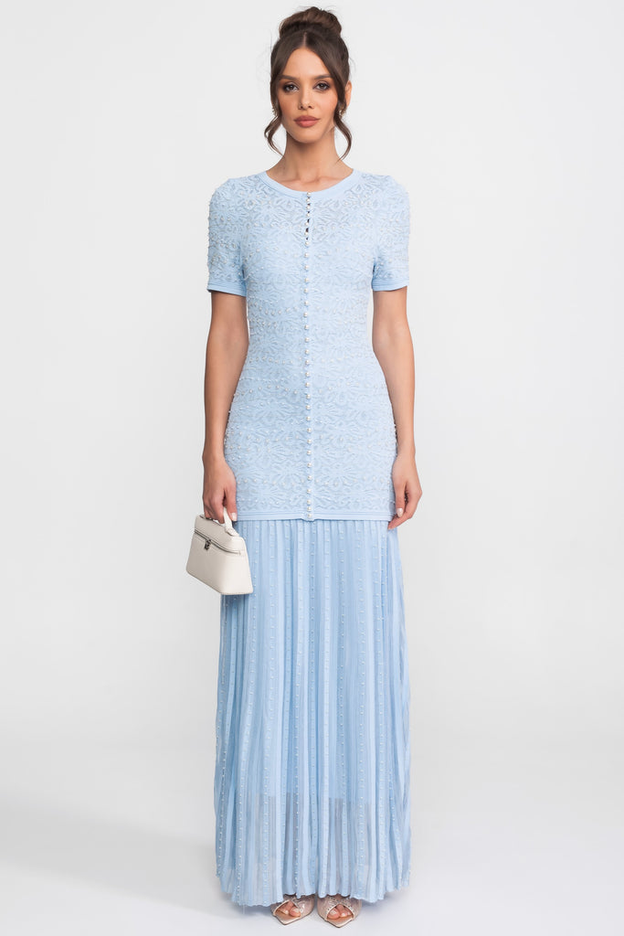 Abito Midi a Maniche Corte con Decorazioni in Perle - Powder Blue 