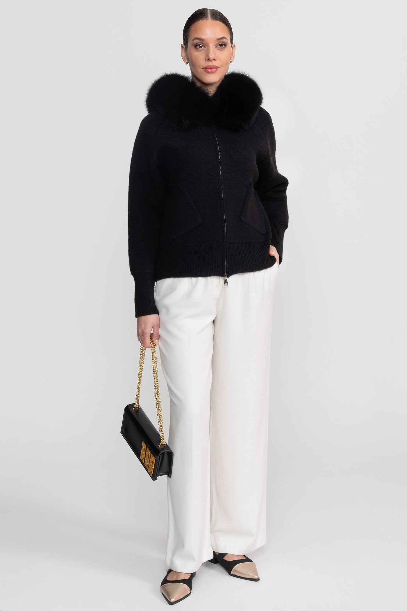 Felpa con cappuccio in lana con collo in pelliccia di volpe – Nero 