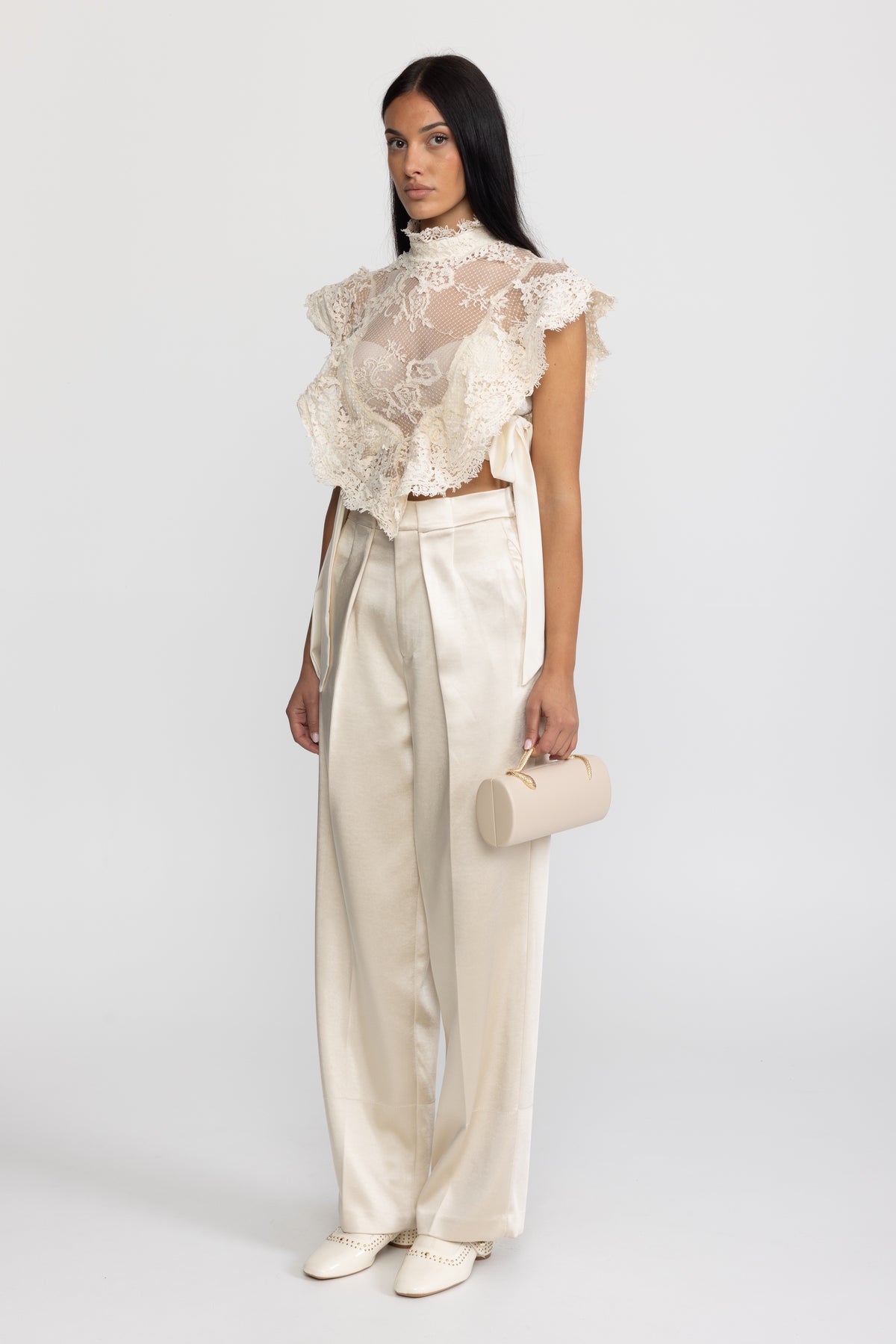 Sheer Lace Ruffle Mock Neck Top - Ivoire