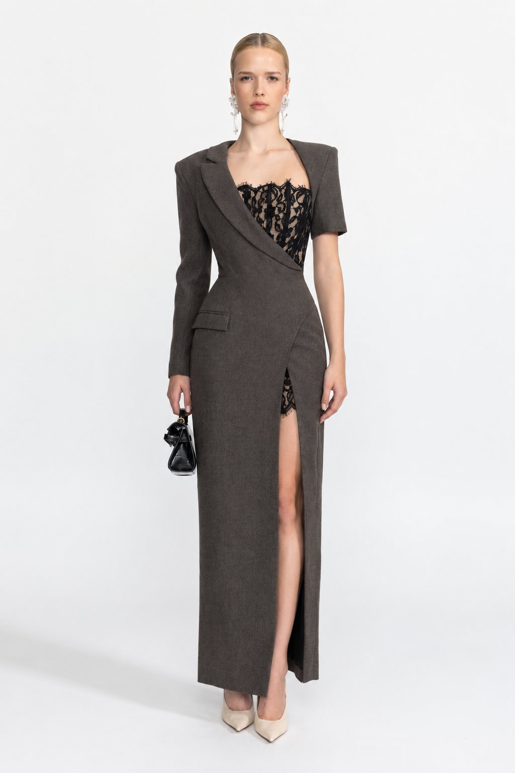 Abito maxi blazer asimmetrico con bustier in pizzo - antracite 