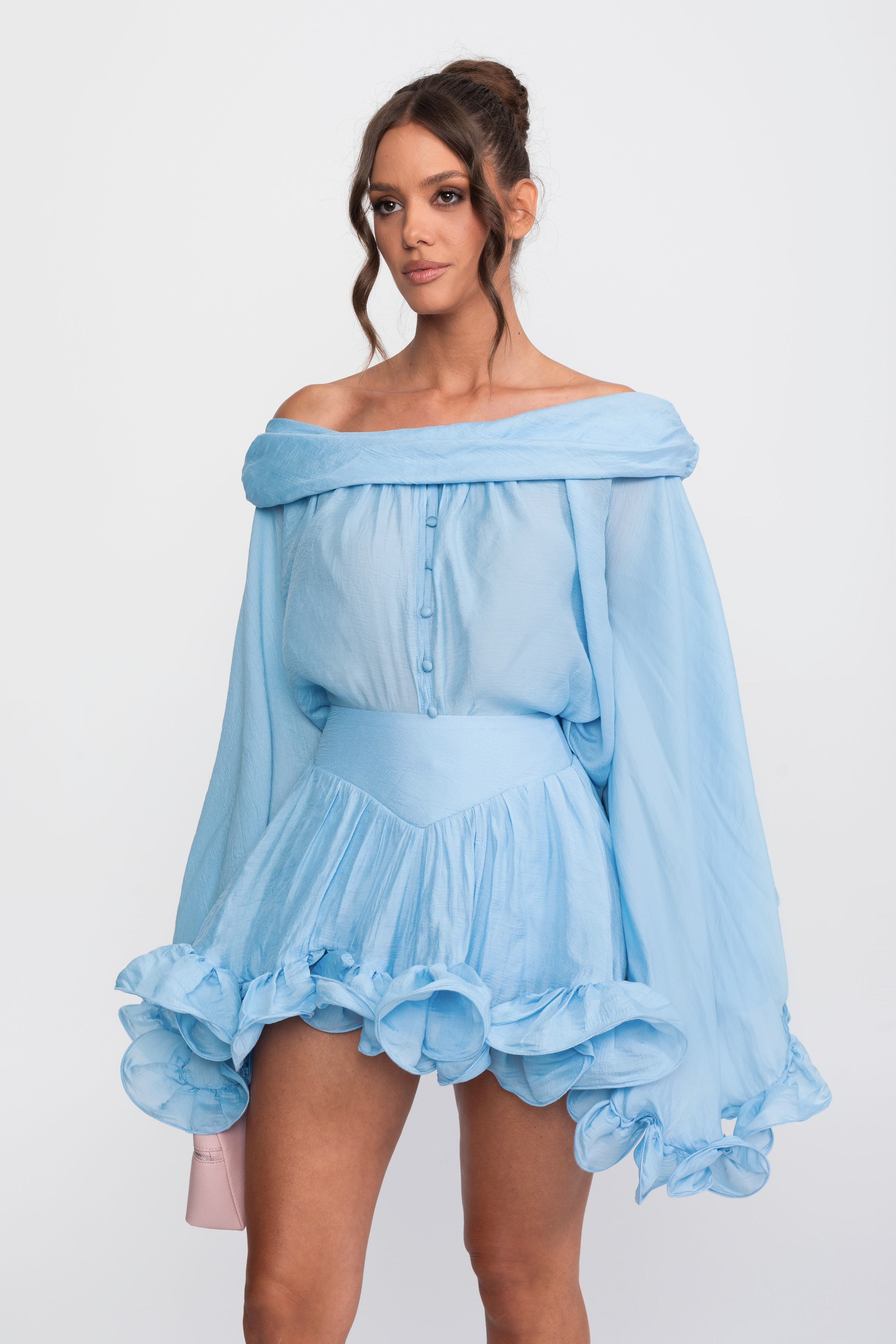 Off-Shoulder Ruffle Hem Co-Ord With Long Sleeves Shirt and Mini Skort - Light Blue