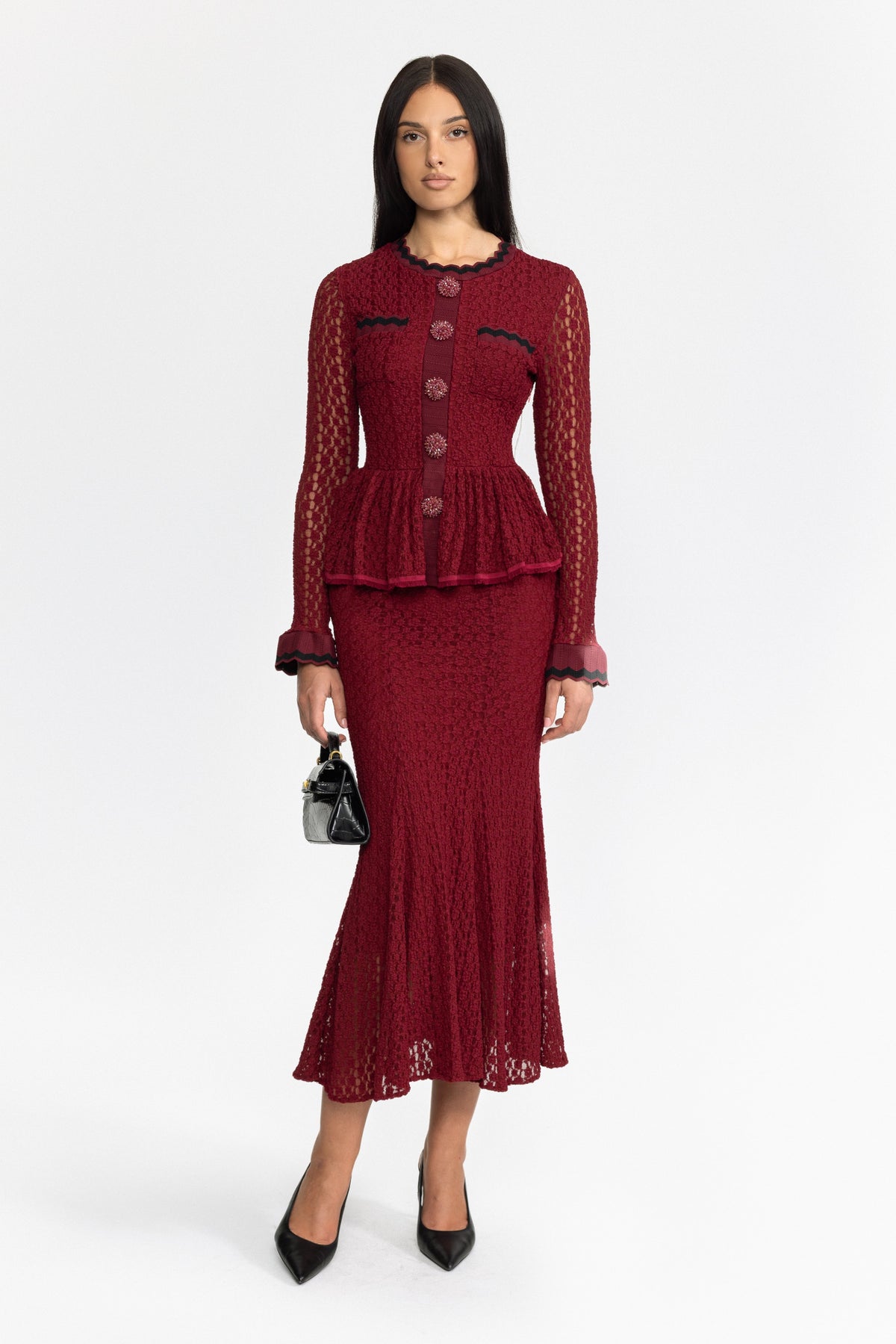Abito midi in maglia crochet con peplo e finiture ric-rac - Wine 