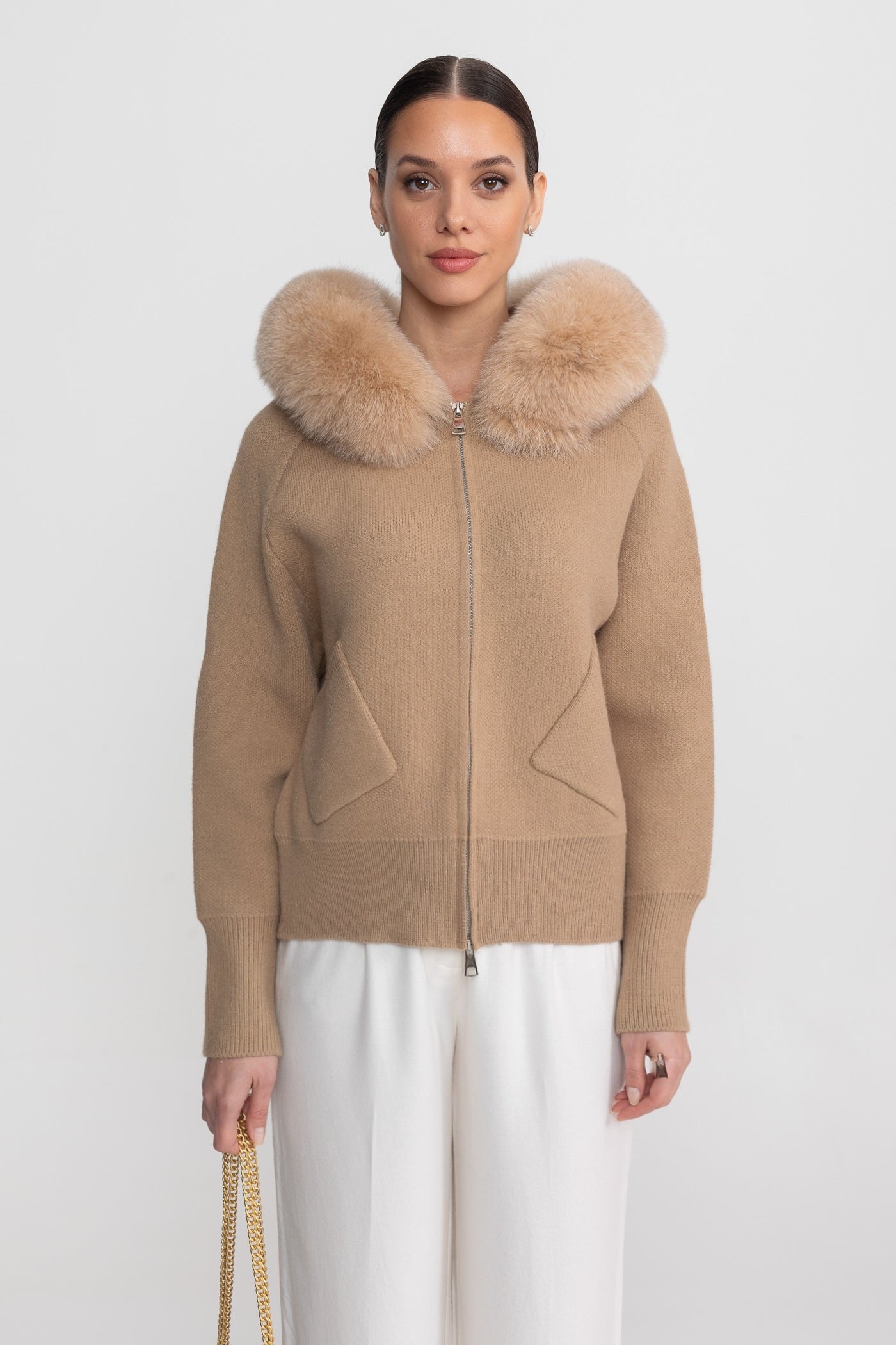 Zip-Up Wool Hoodie With Fox Fur Collar – Brown