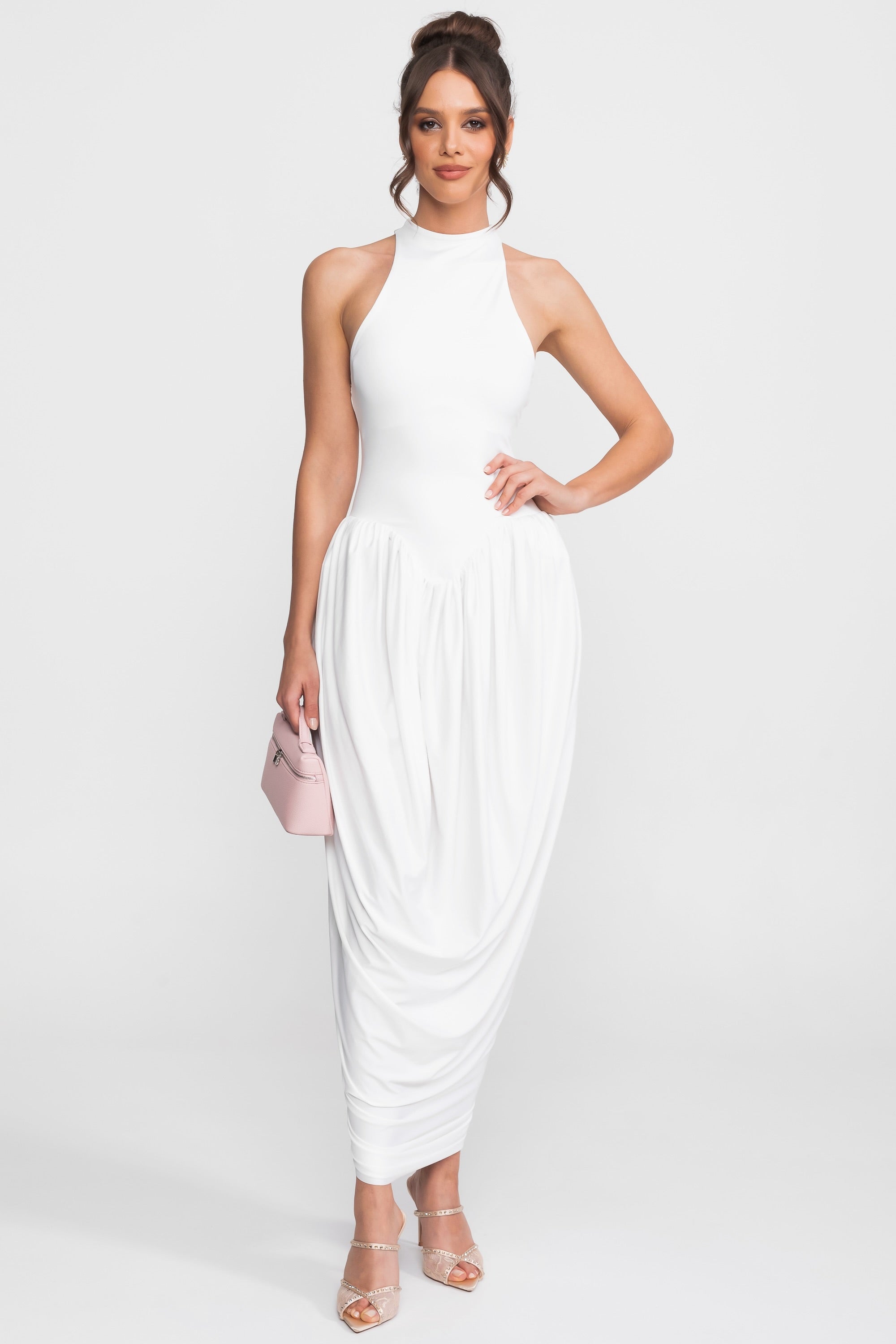 Abito Maxi con Halter-Neck e Gonna a Palloncino Drappeggiata - Bianco 