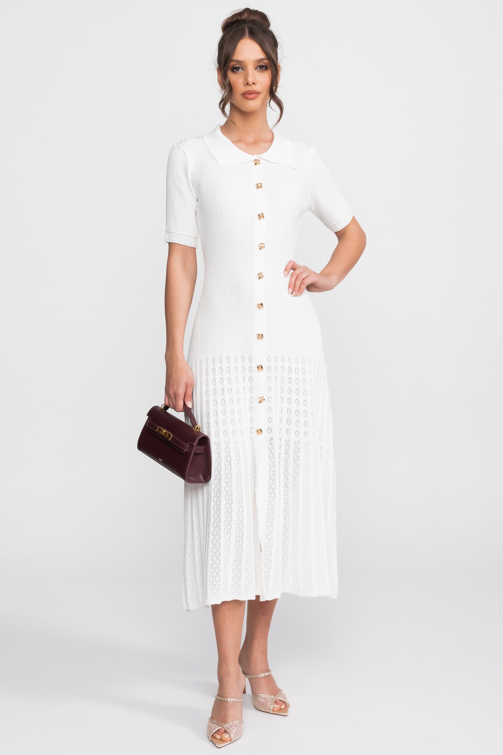 Abito midi in maglia a coste con colletto Peter Pan e gonna plissettata - bianco 