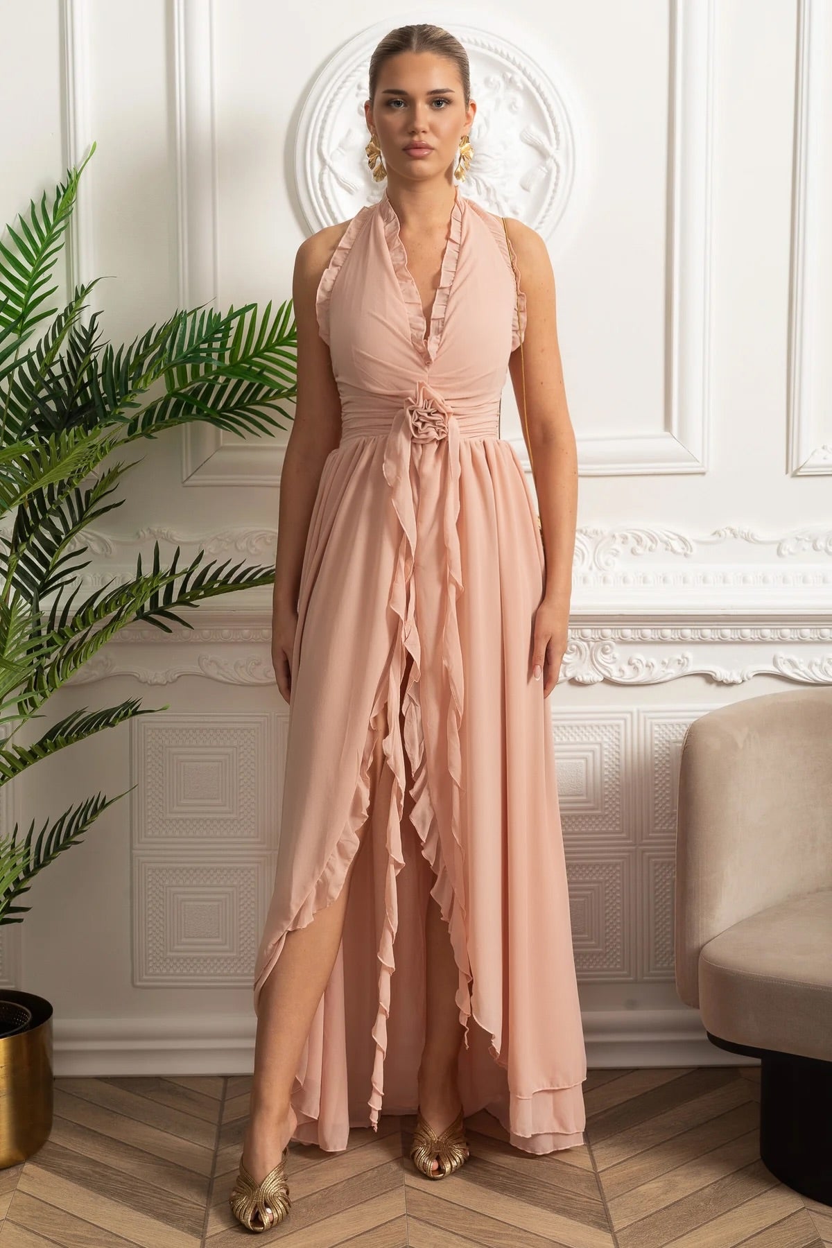 Ruffled Halter Maxi Dress with Rosette Tie Detail - Pink